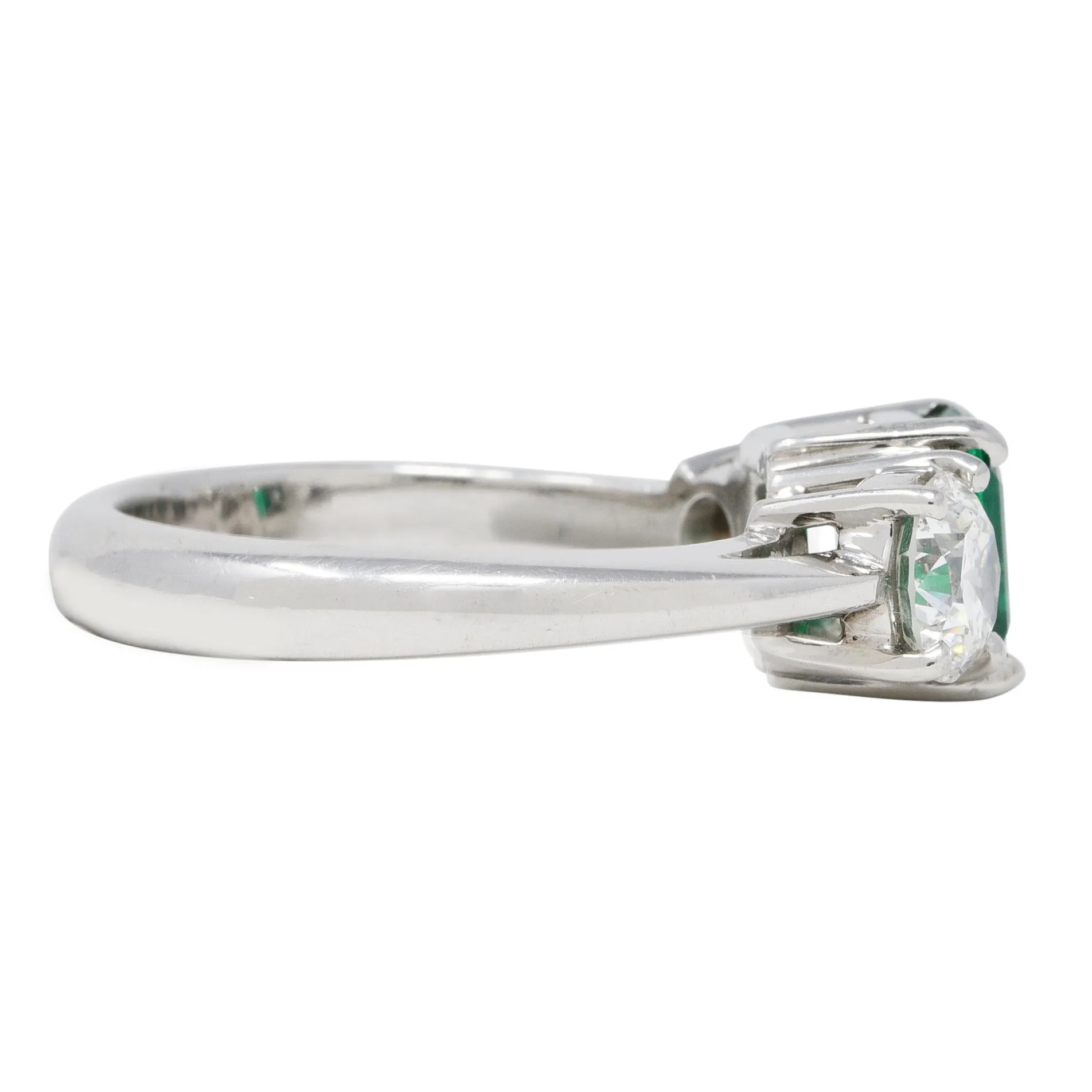 Mid-Century 2.27 CTW Emerald Diamond Platinum Vintage Three Stone Ring GIA