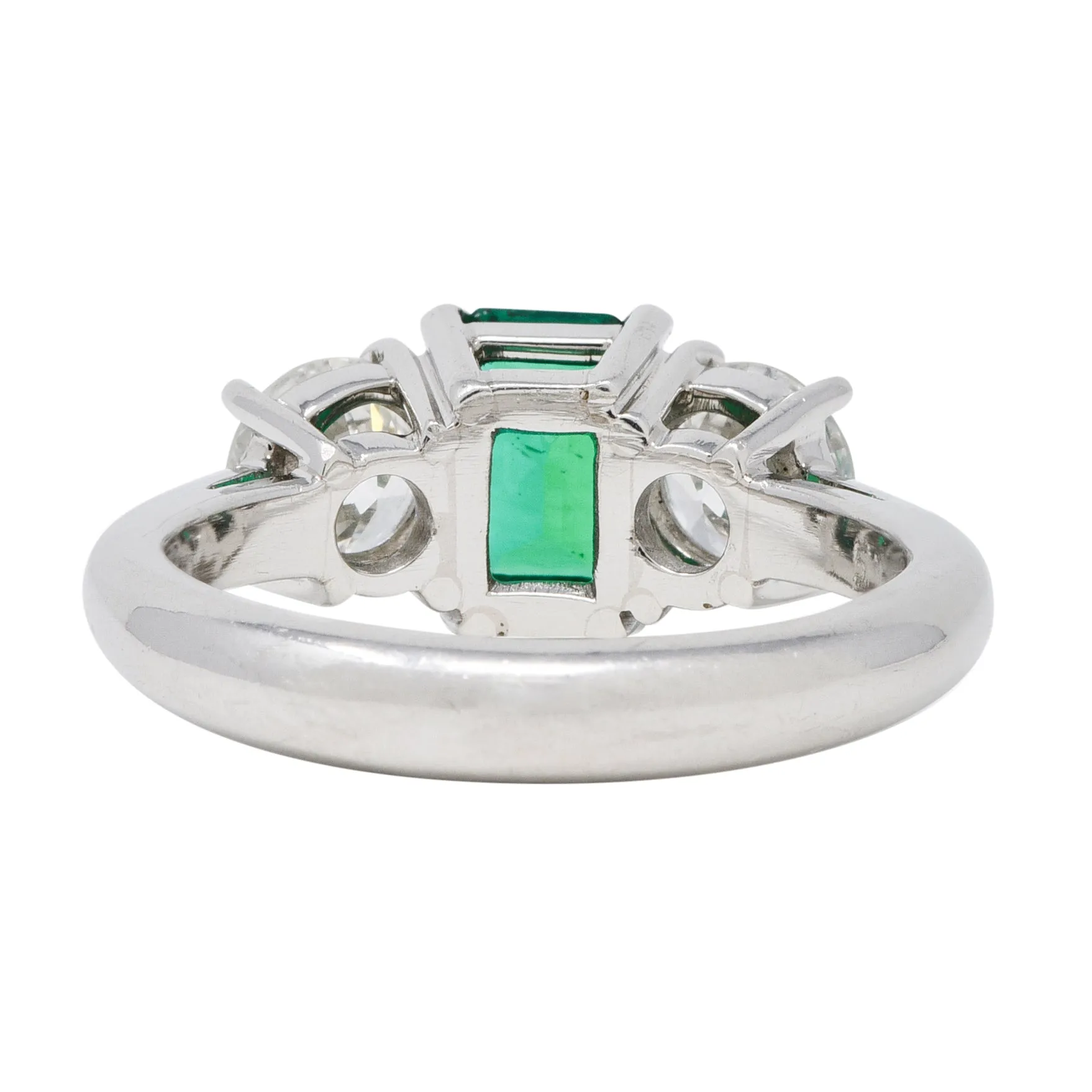 Mid-Century 2.27 CTW Emerald Diamond Platinum Vintage Three Stone Ring GIA