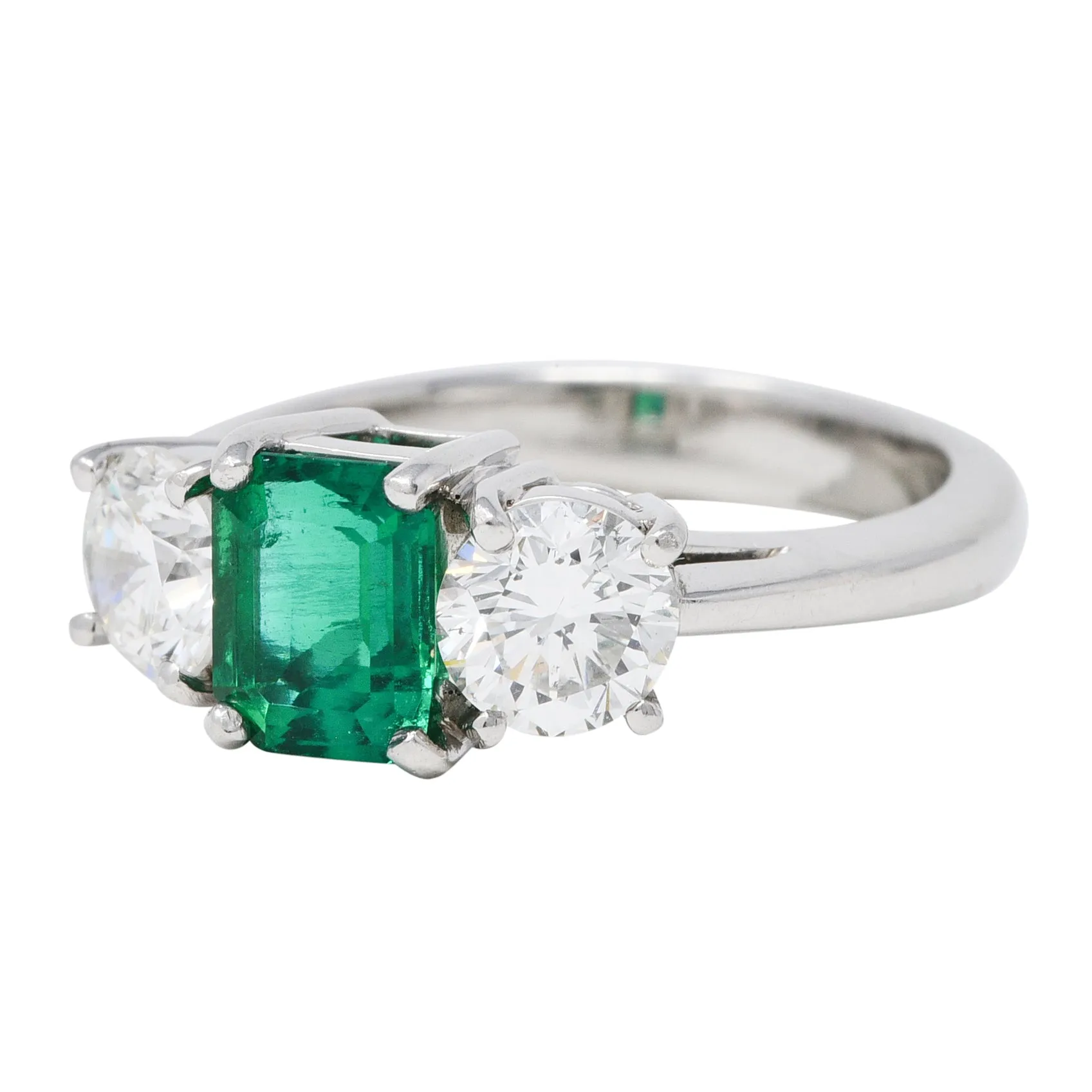 Mid-Century 2.27 CTW Emerald Diamond Platinum Vintage Three Stone Ring GIA