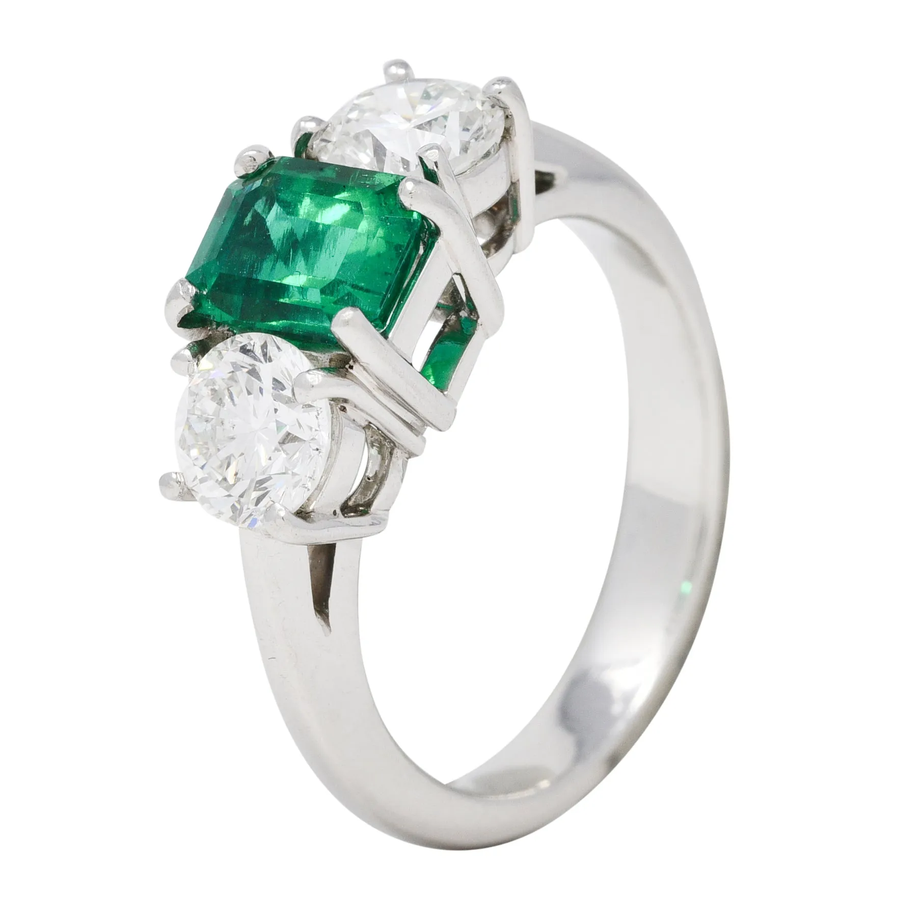 Mid-Century 2.27 CTW Emerald Diamond Platinum Vintage Three Stone Ring GIA