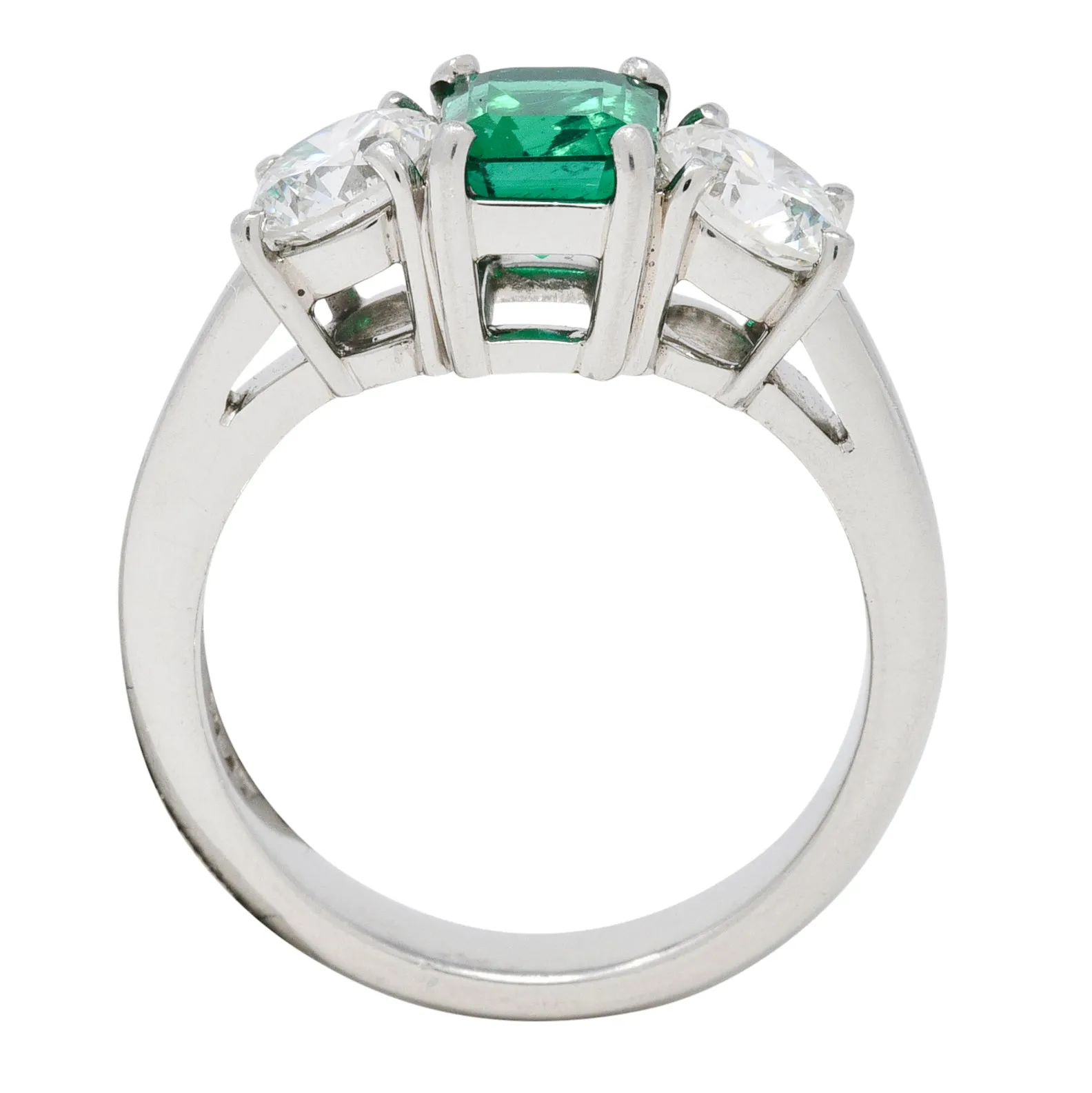 Mid-Century 2.27 CTW Emerald Diamond Platinum Vintage Three Stone Ring GIA