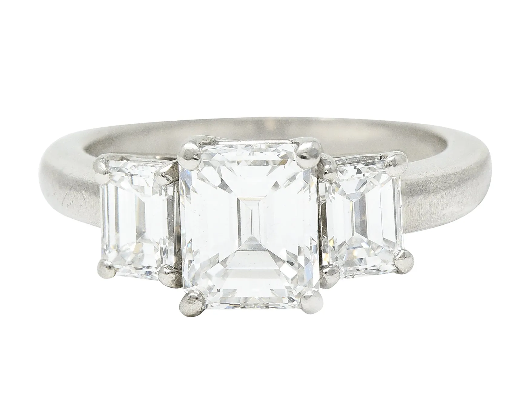 Mid-Century 2.51 CTW Emerald Cut Diamond Platinum Three Stone Vintage Engagement Ring GIA