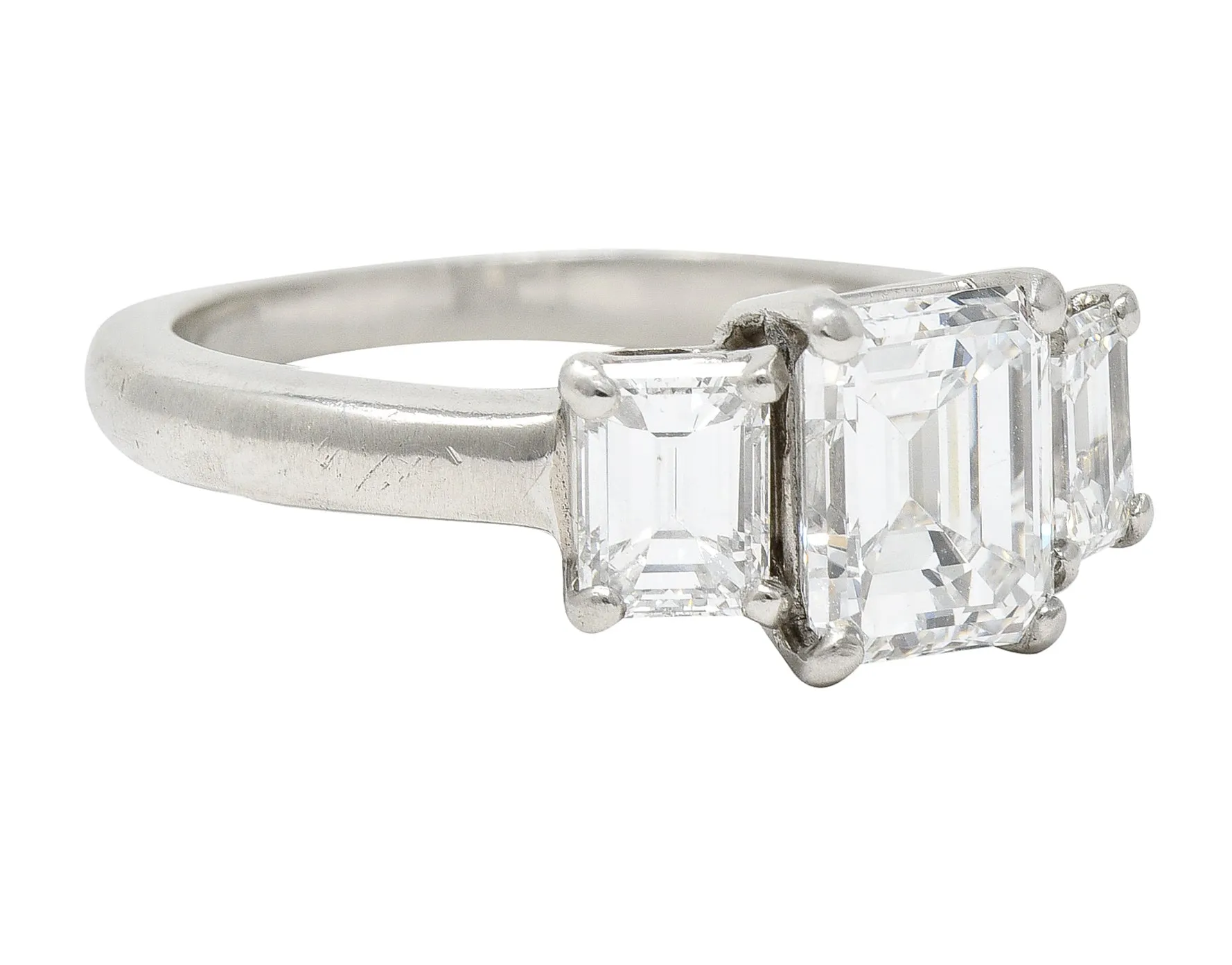 Mid-Century 2.51 CTW Emerald Cut Diamond Platinum Three Stone Vintage Engagement Ring GIA