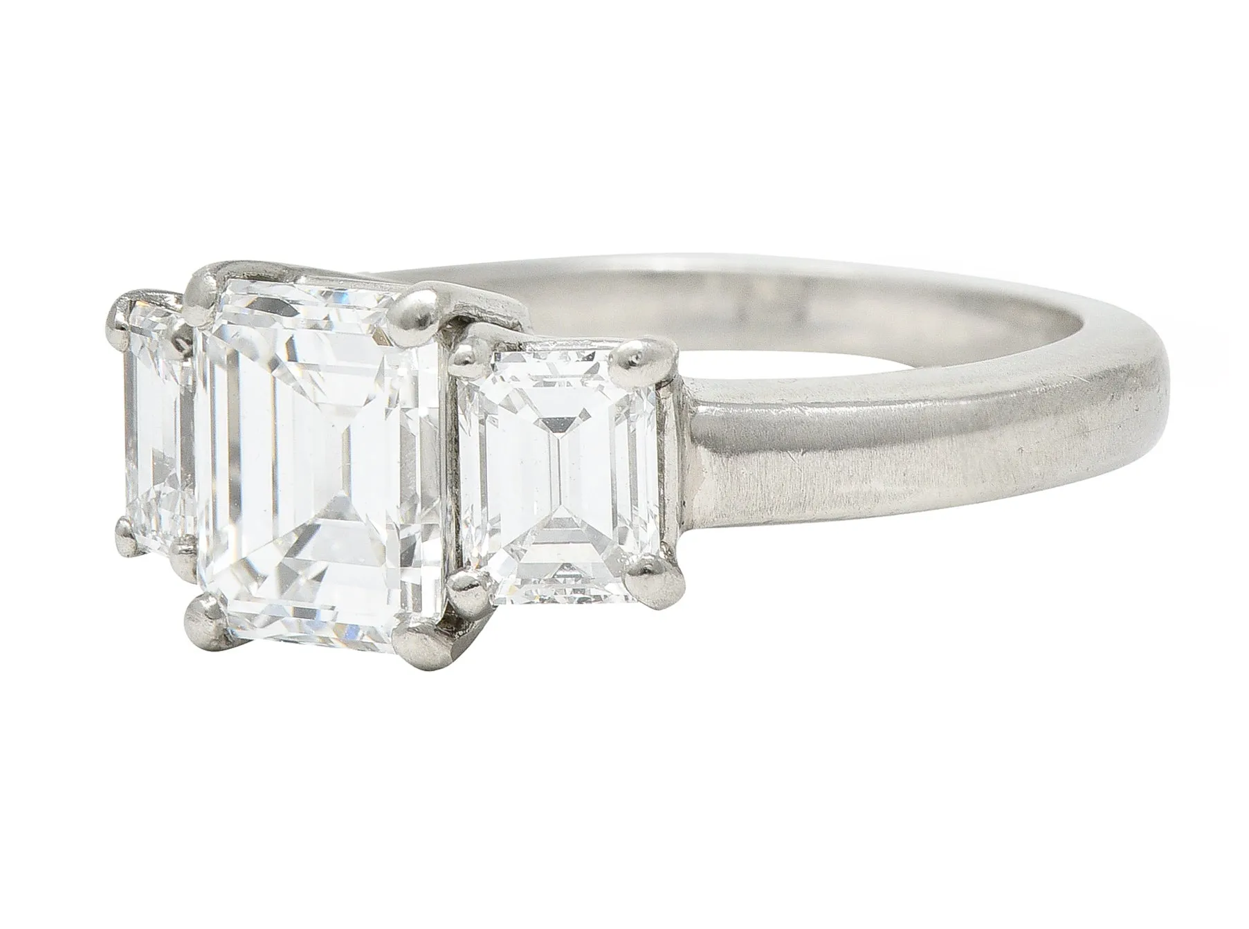 Mid-Century 2.51 CTW Emerald Cut Diamond Platinum Three Stone Vintage Engagement Ring GIA