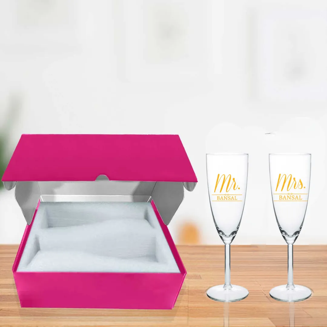 Mr and Mrs Champagne Glasses Flute Glass Set of 2  - Wedding Anniversary Gifts