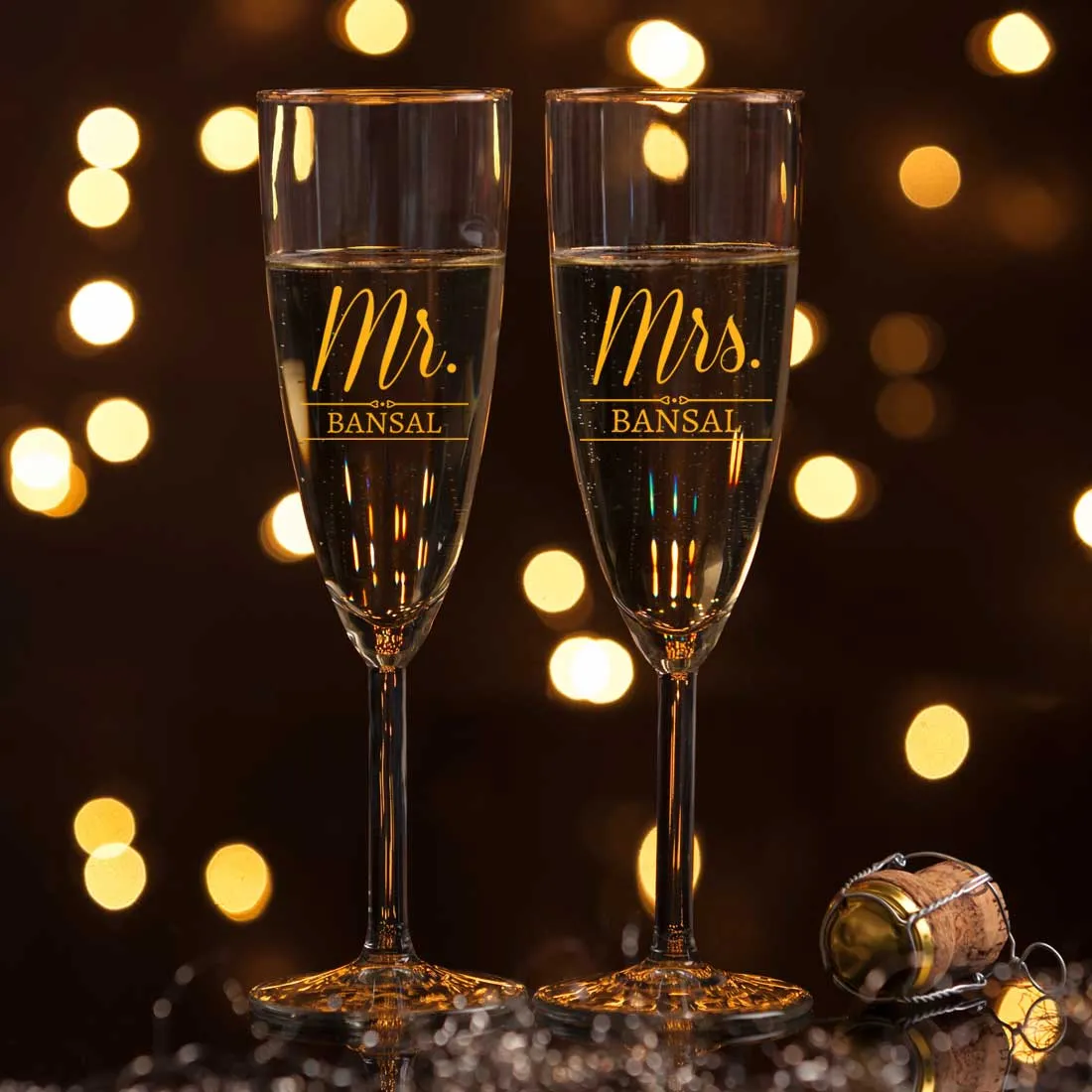 Mr and Mrs Champagne Glasses Flute Glass Set of 2  - Wedding Anniversary Gifts