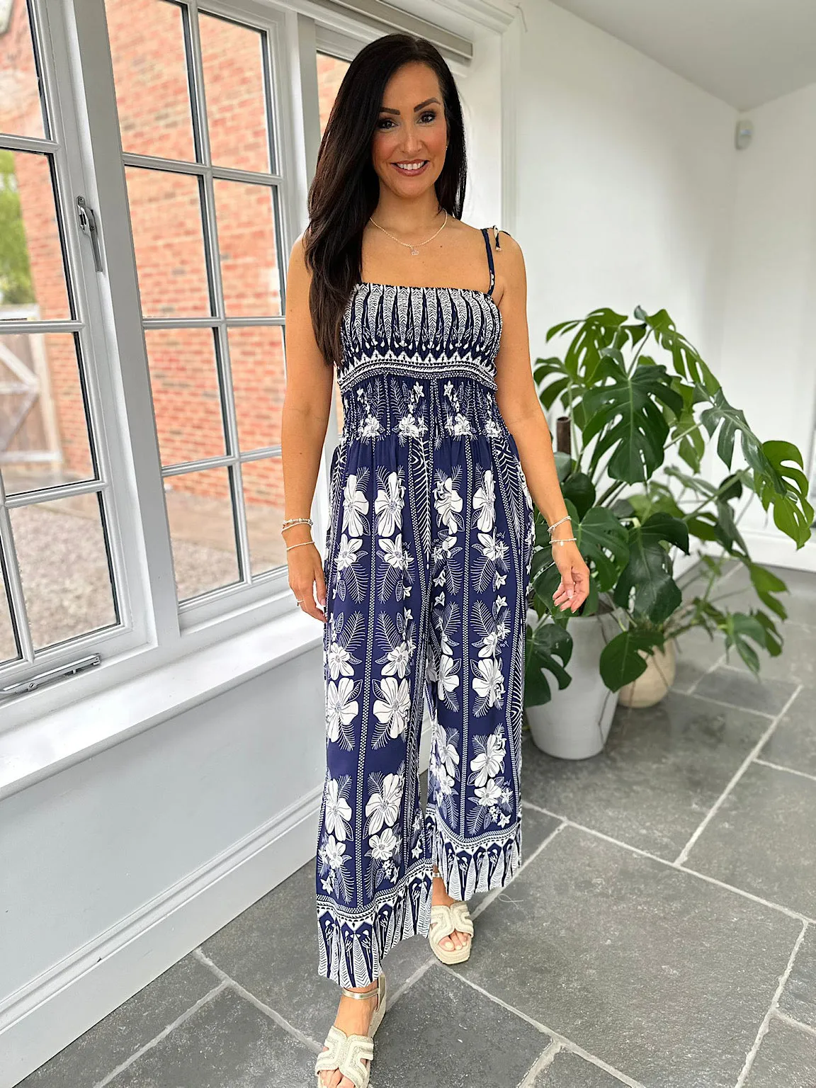 Navy Flower Print Jumpsuit