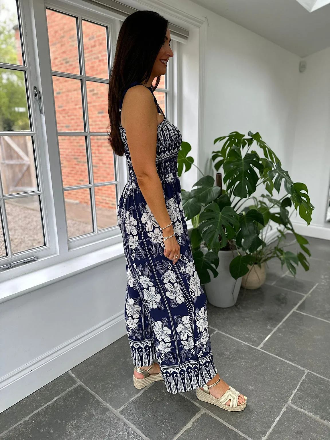 Navy Flower Print Jumpsuit