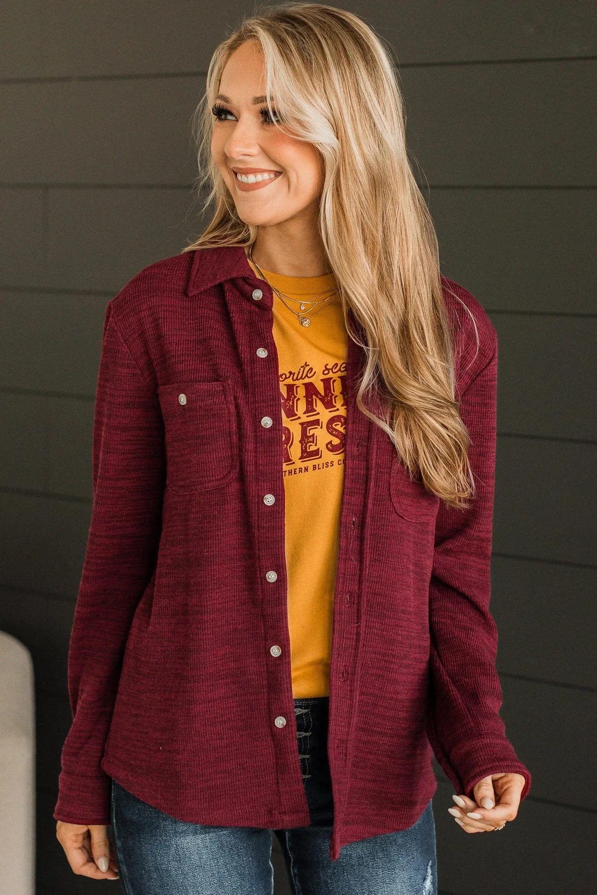 Never Letting Go Button Top- Burgundy