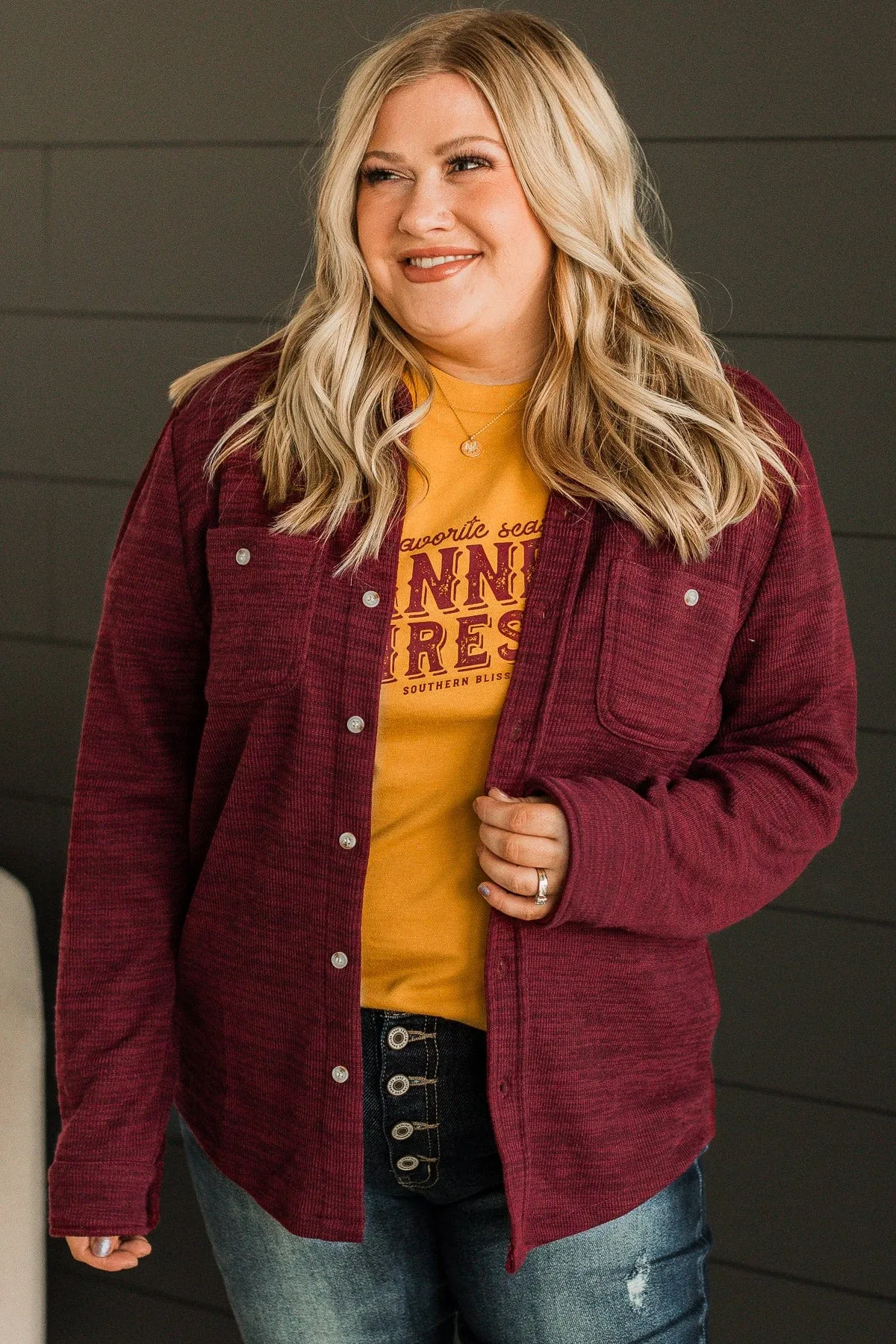 Never Letting Go Button Top- Burgundy