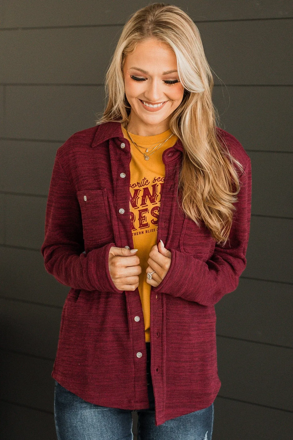 Never Letting Go Button Top- Burgundy