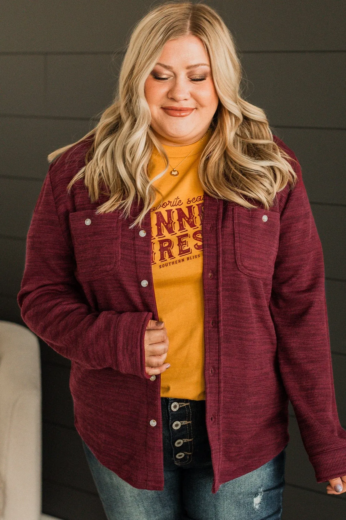 Never Letting Go Button Top- Burgundy