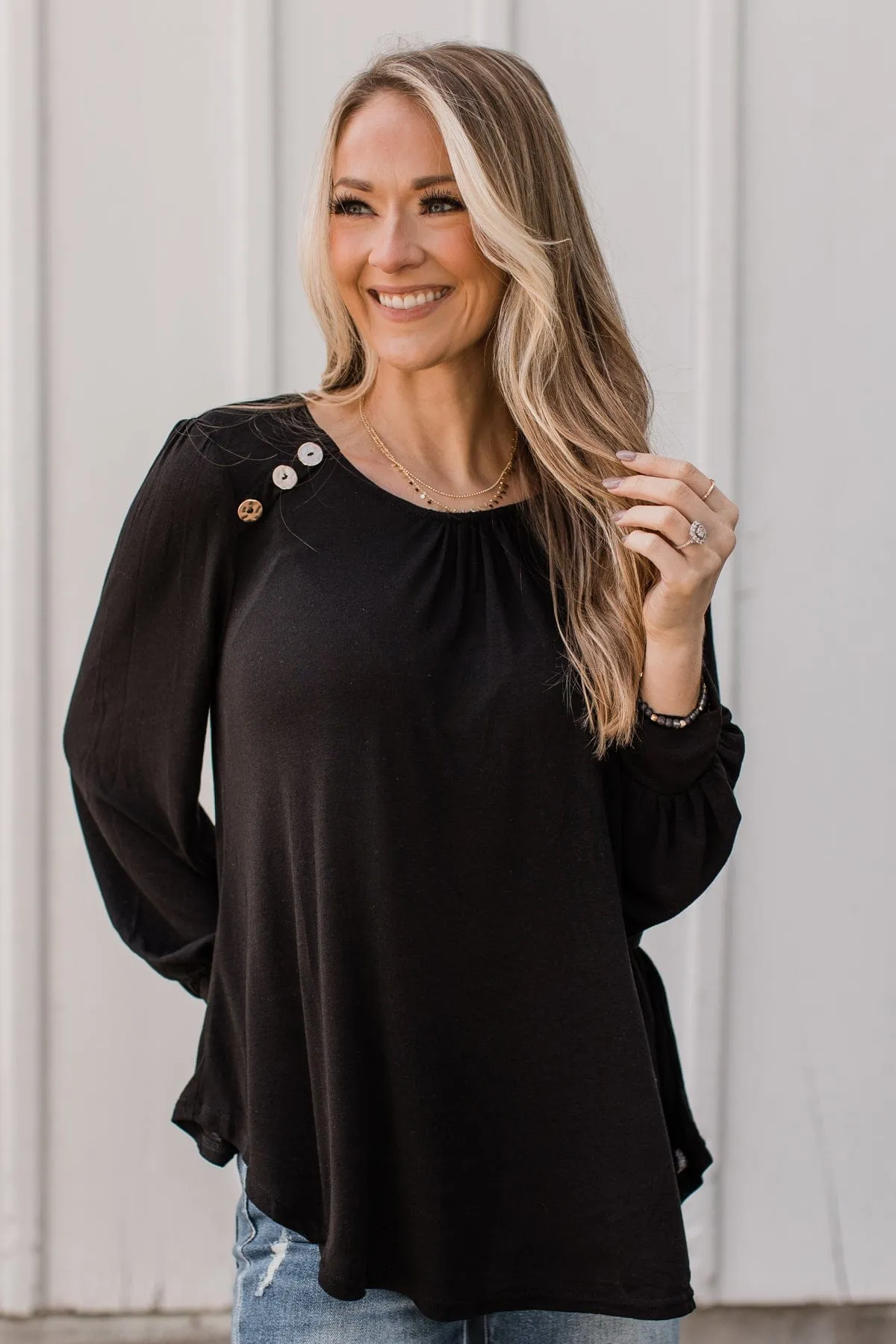 No Wasted Moments Button Top- Black