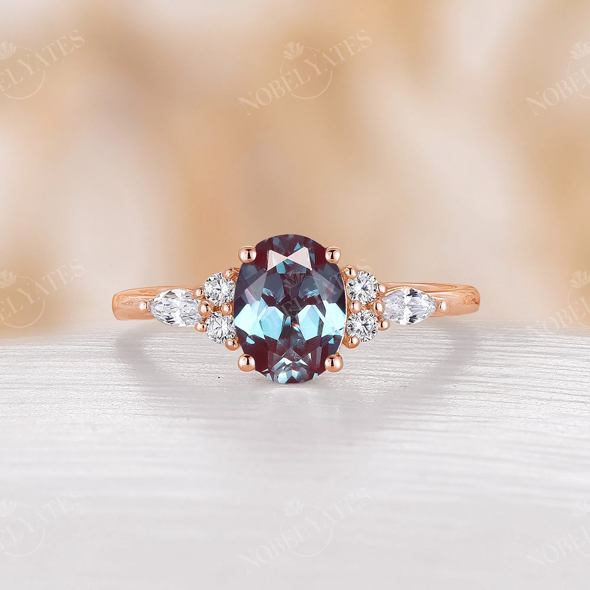 Oval Lab Alexandrite Engagement Ring Rose Gold Side Stone