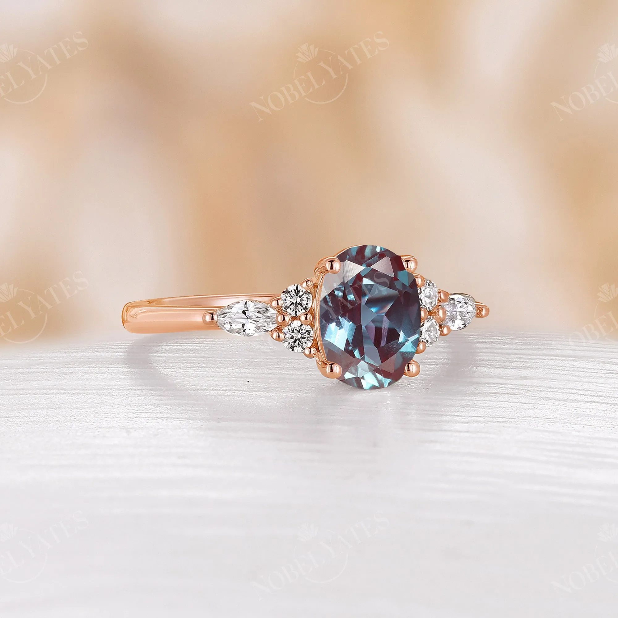 Oval Lab Alexandrite Engagement Ring Rose Gold Side Stone