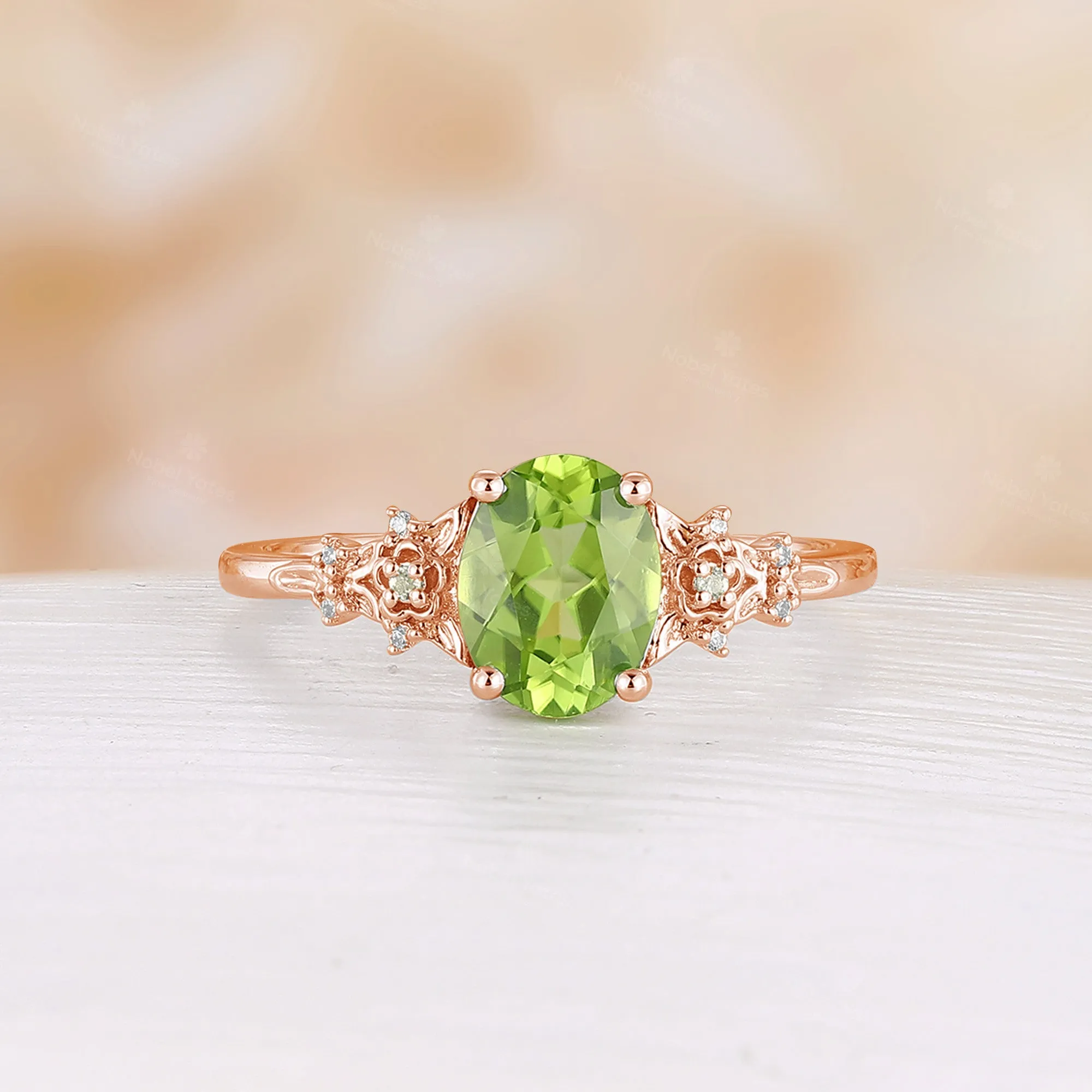 Oval Peridot Nature Inspired Engagement Ring Rose Gold Side Stone Foral Band