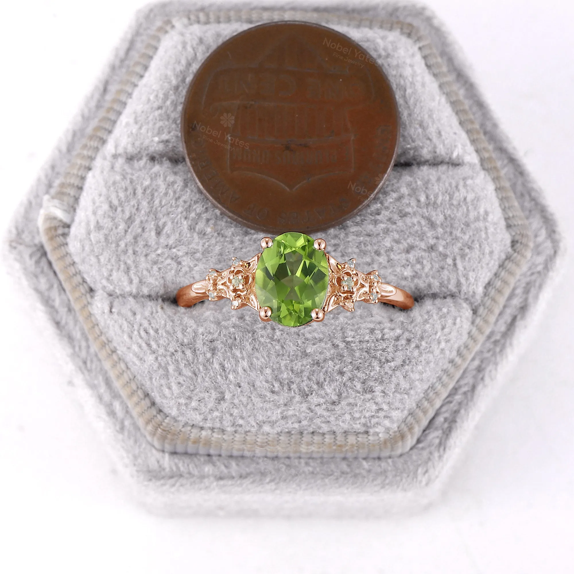 Oval Peridot Nature Inspired Engagement Ring Rose Gold Side Stone Foral Band