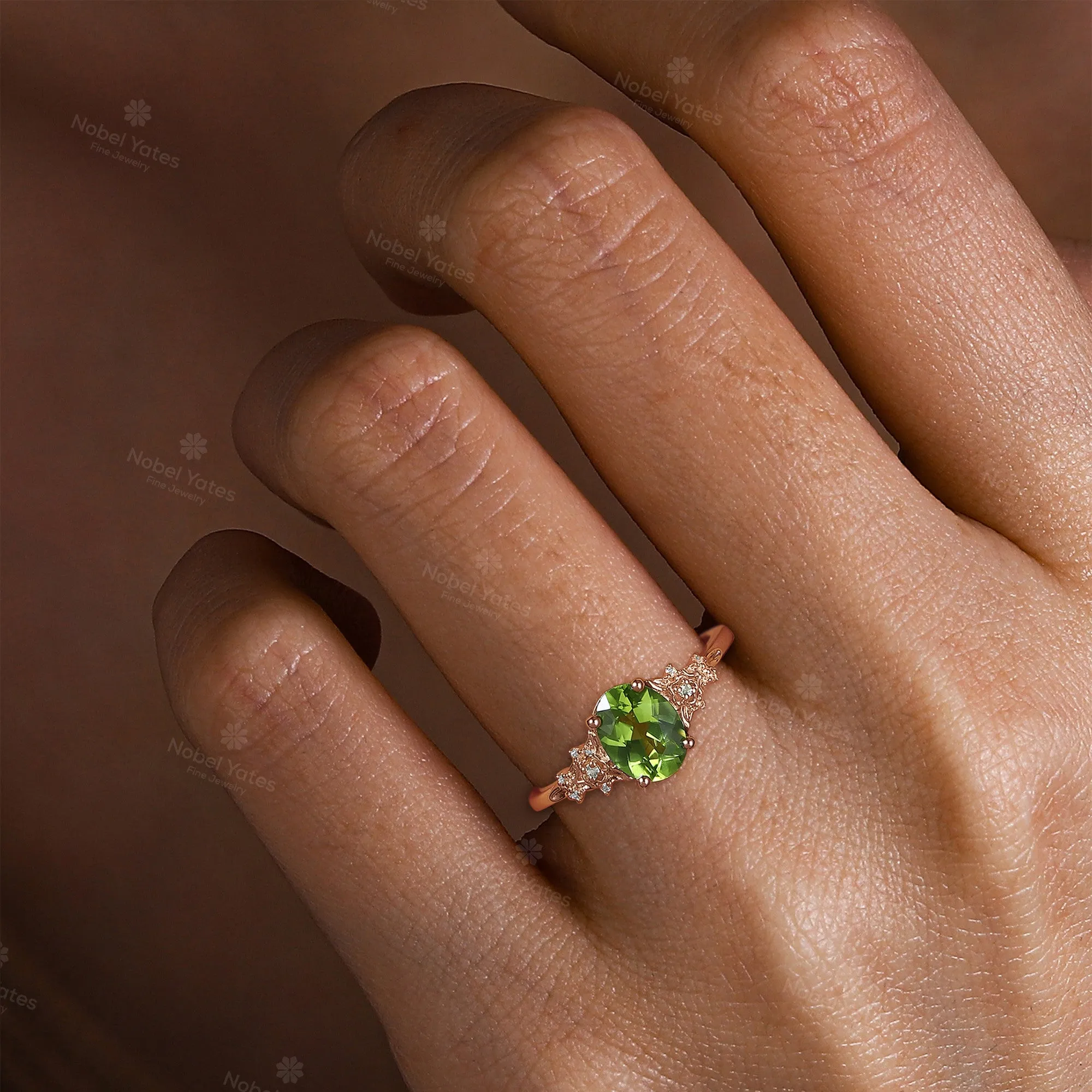 Oval Peridot Nature Inspired Engagement Ring Rose Gold Side Stone Foral Band