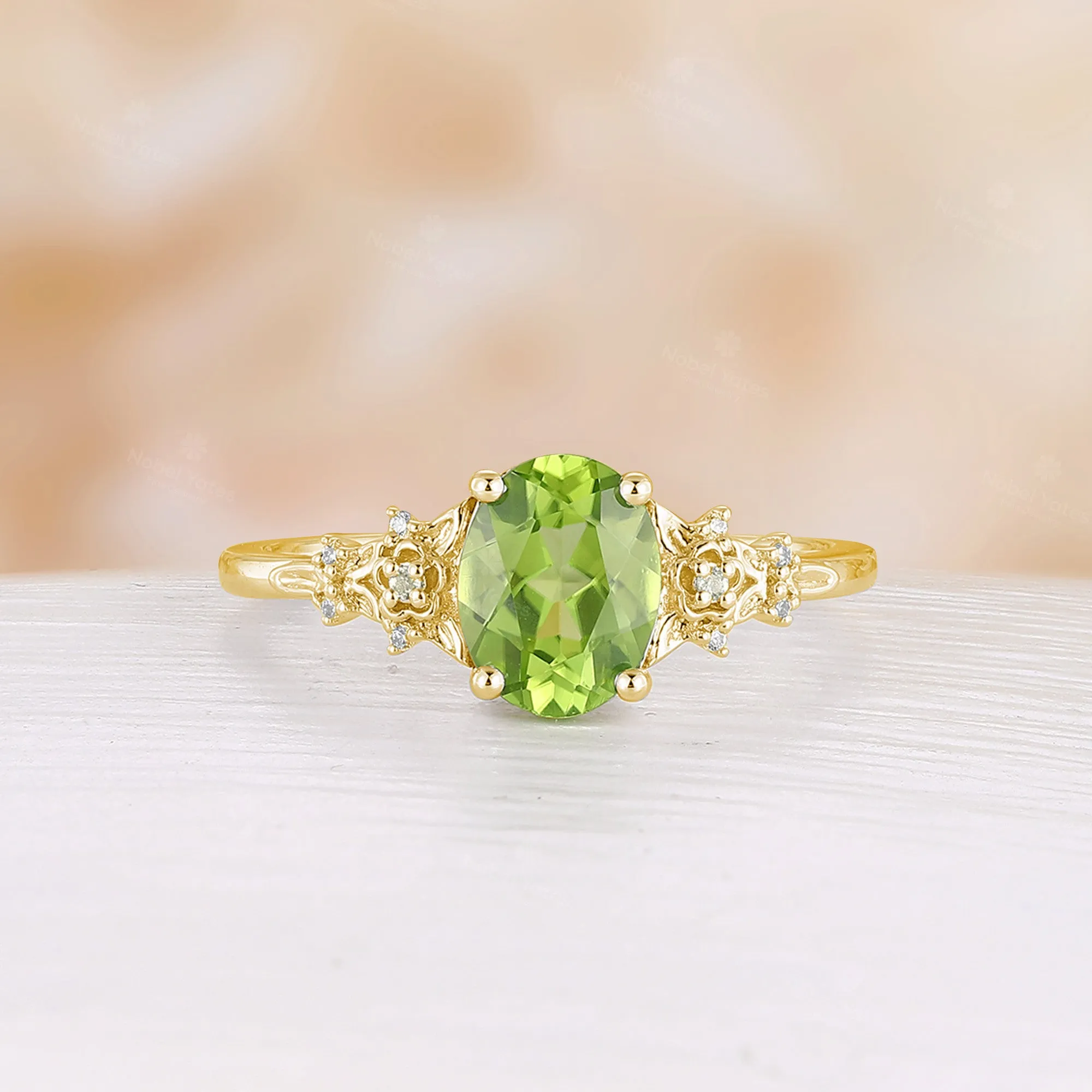 Oval Peridot Nature Inspired Engagement Ring Rose Gold Side Stone Foral Band