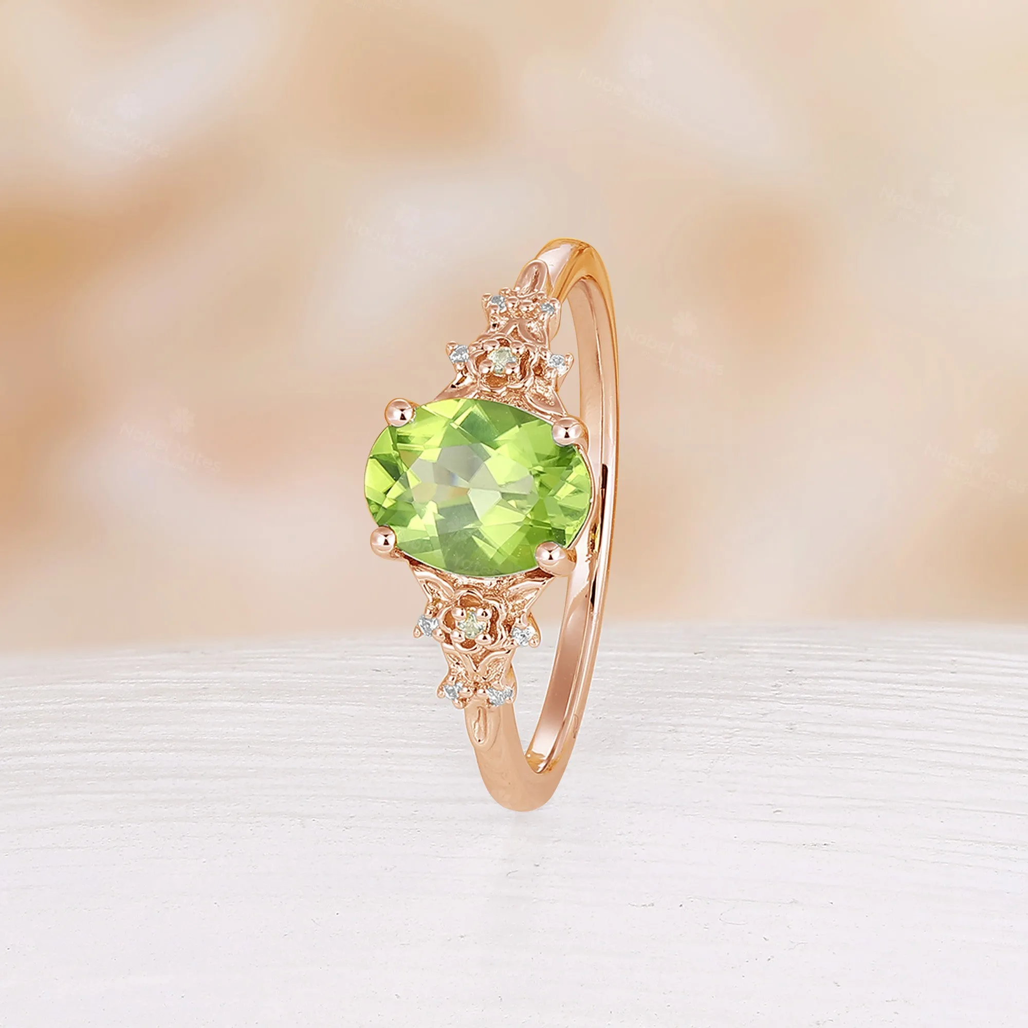 Oval Peridot Nature Inspired Engagement Ring Rose Gold Side Stone Foral Band