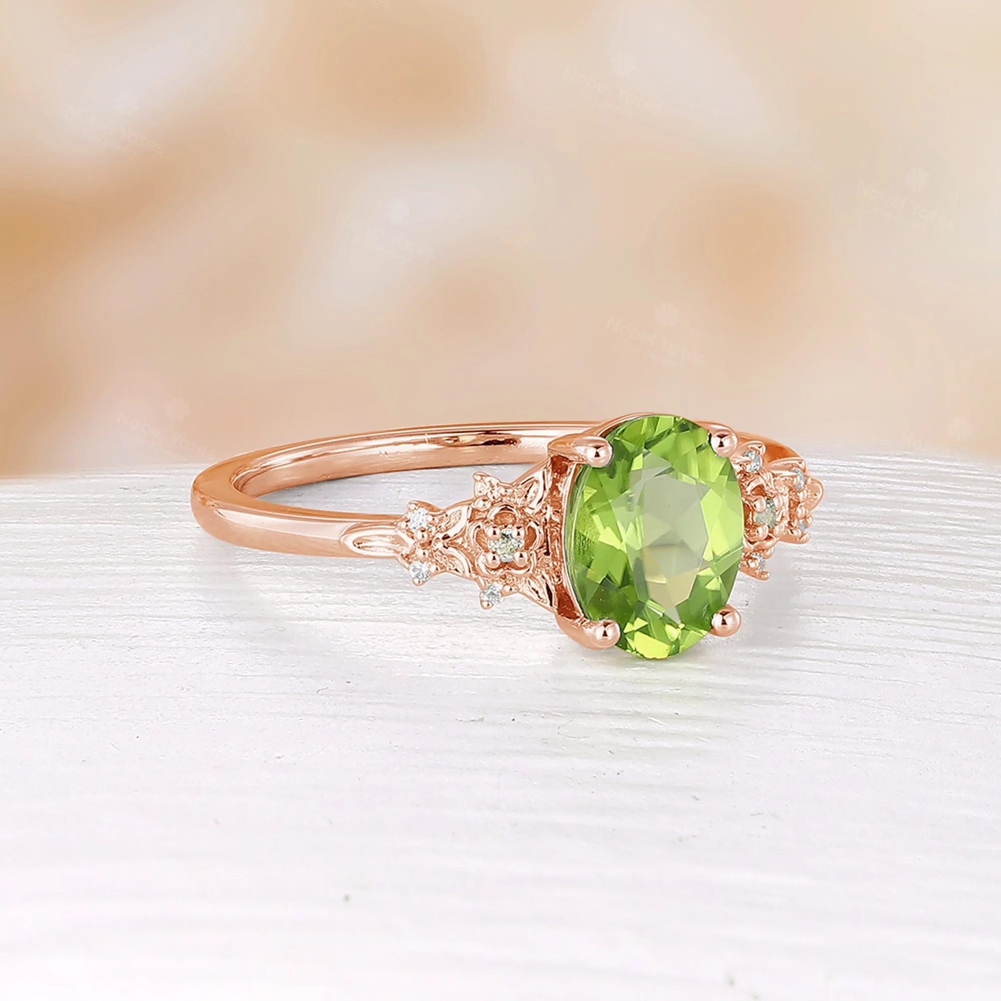 Oval Peridot Nature Inspired Engagement Ring Rose Gold Side Stone Foral Band