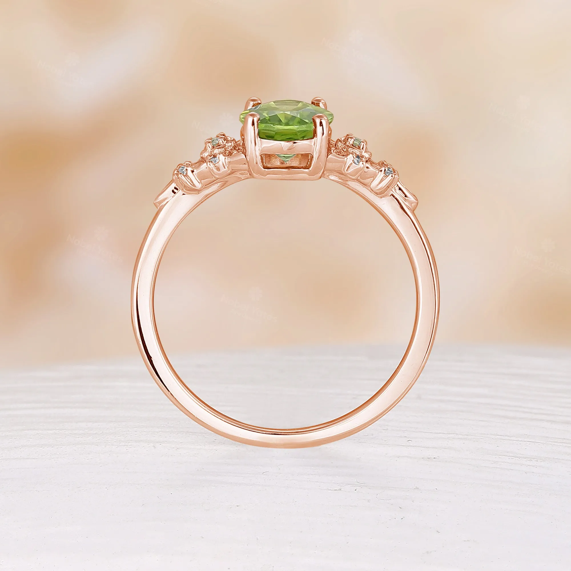 Oval Peridot Nature Inspired Engagement Ring Rose Gold Side Stone Foral Band