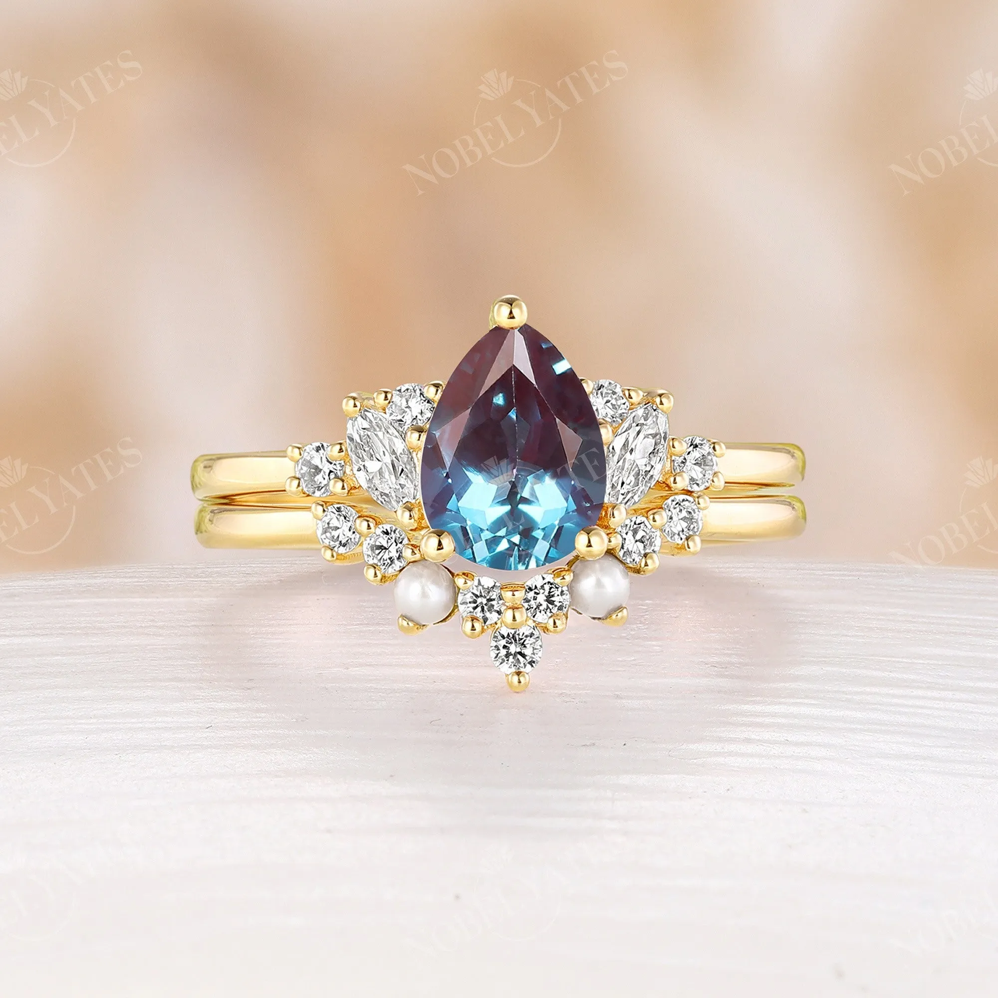 Pear Shape Lab Alexandrite Engagement Ring Set Side Stone Cluster Rose Gold