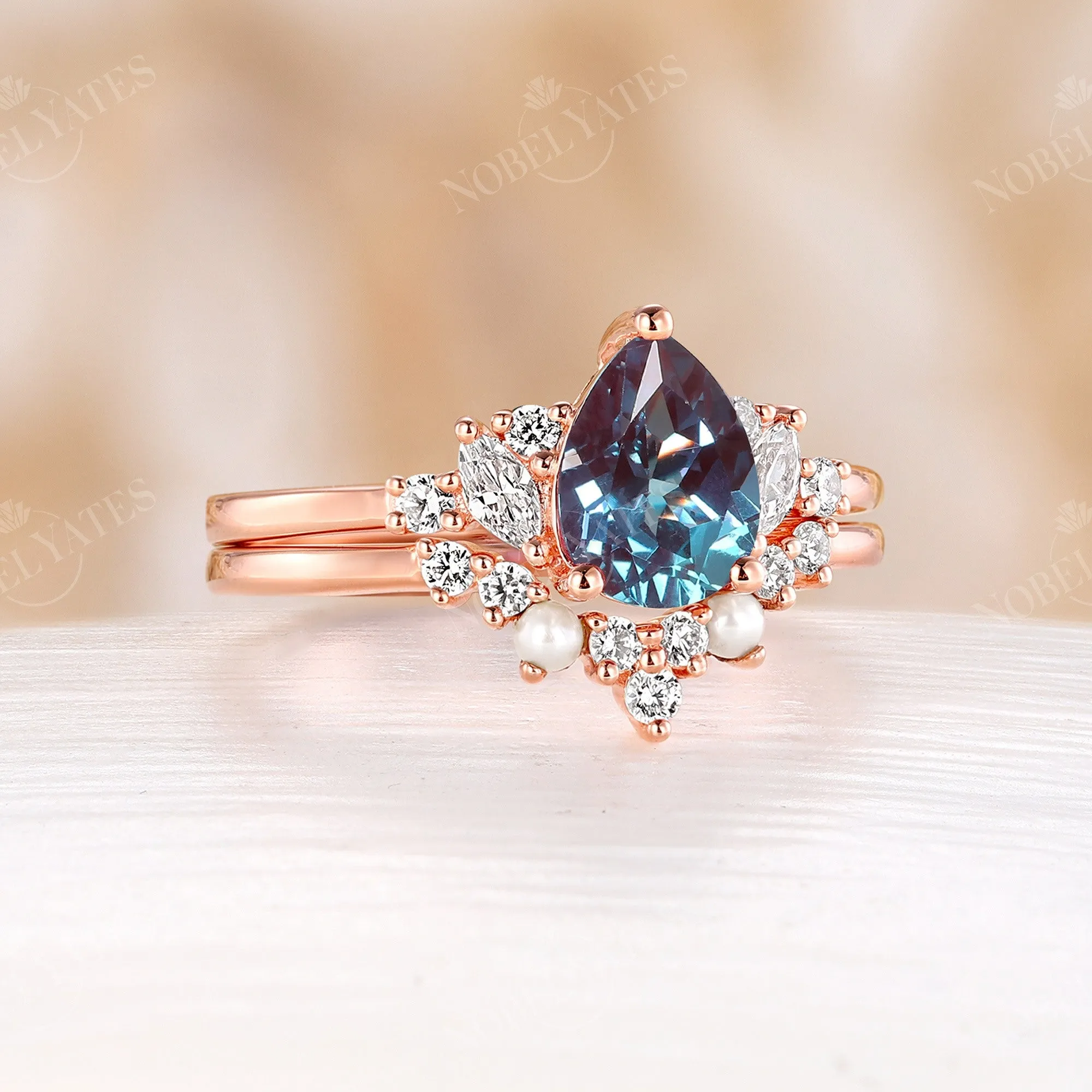 Pear Shape Lab Alexandrite Engagement Ring Set Side Stone Cluster Rose Gold