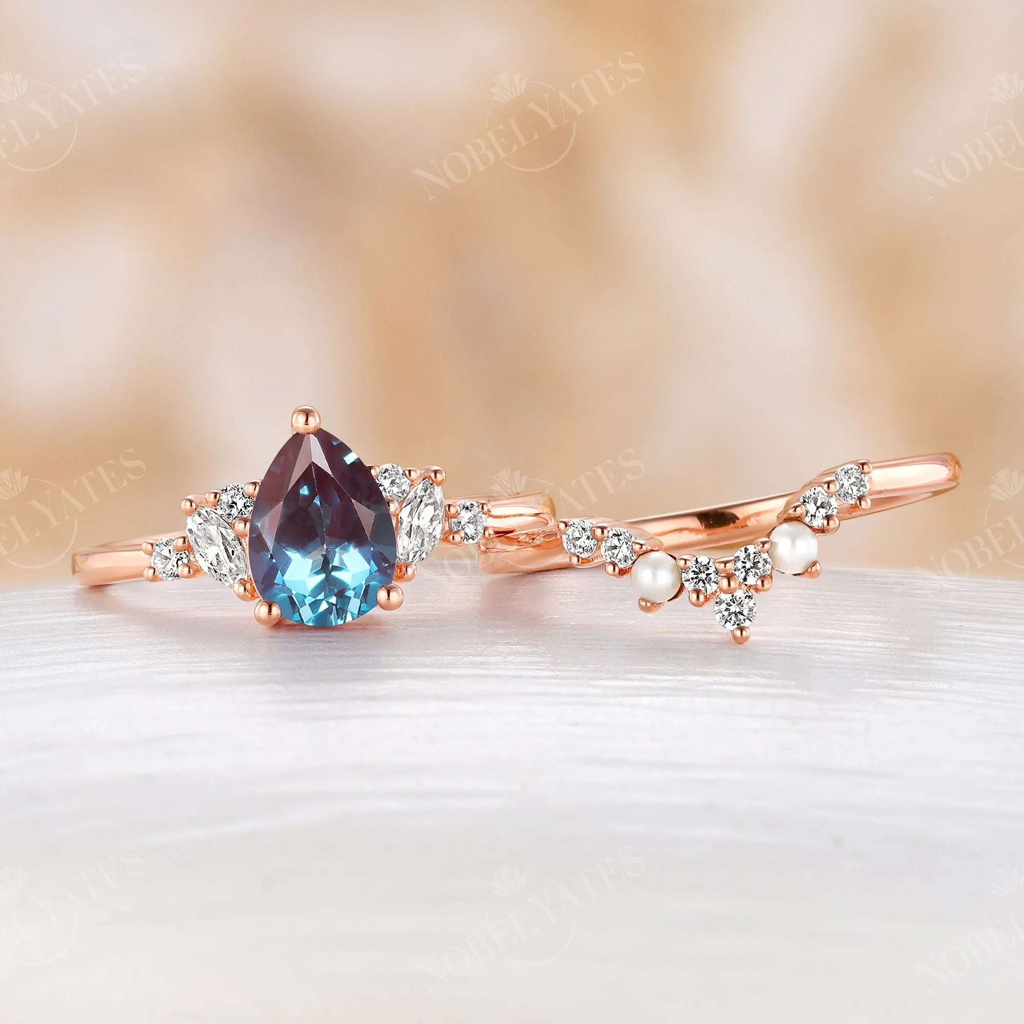 Pear Shape Lab Alexandrite Engagement Ring Set Side Stone Cluster Rose Gold