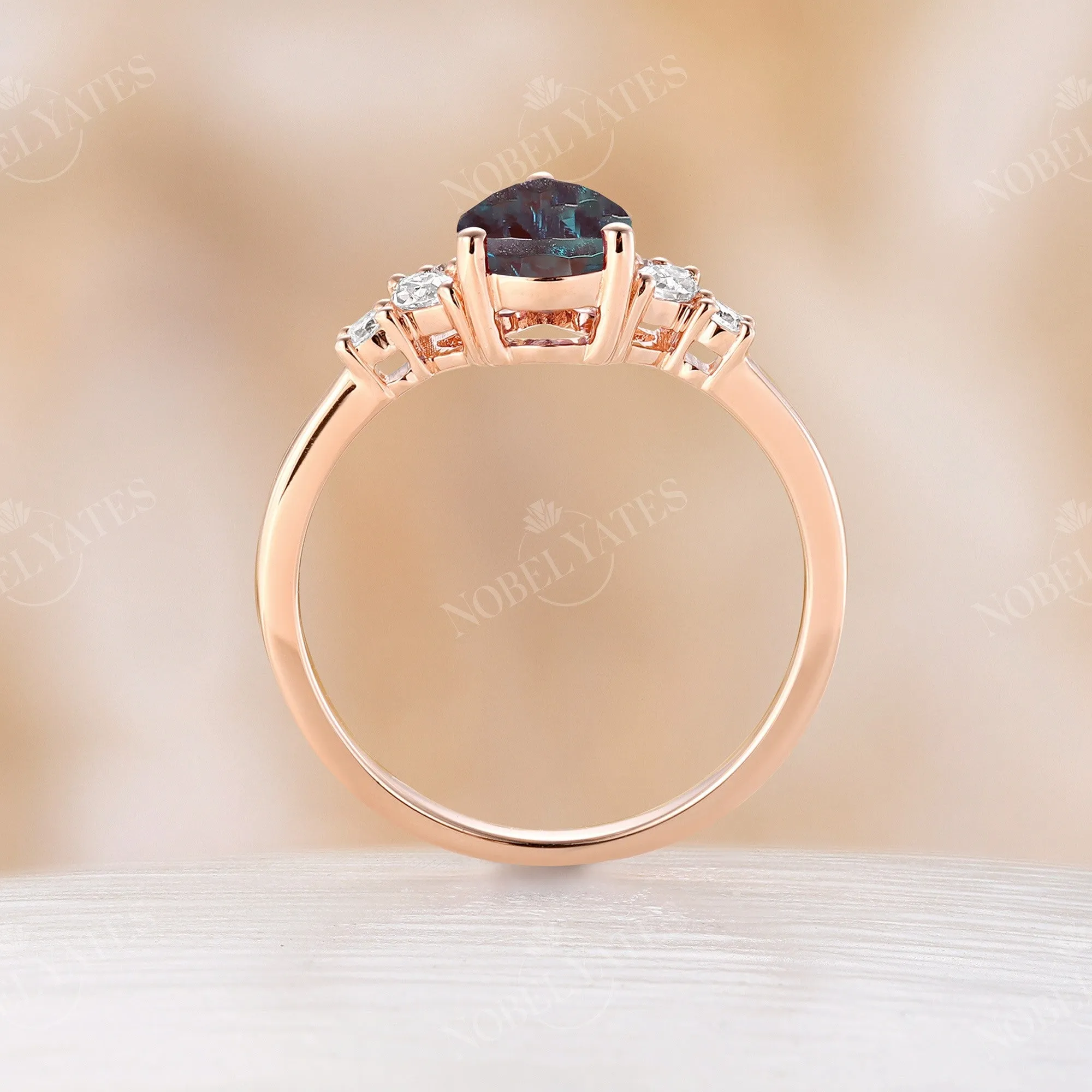 Pear Shape Lab Alexandrite Engagement Ring Set Side Stone Cluster Rose Gold