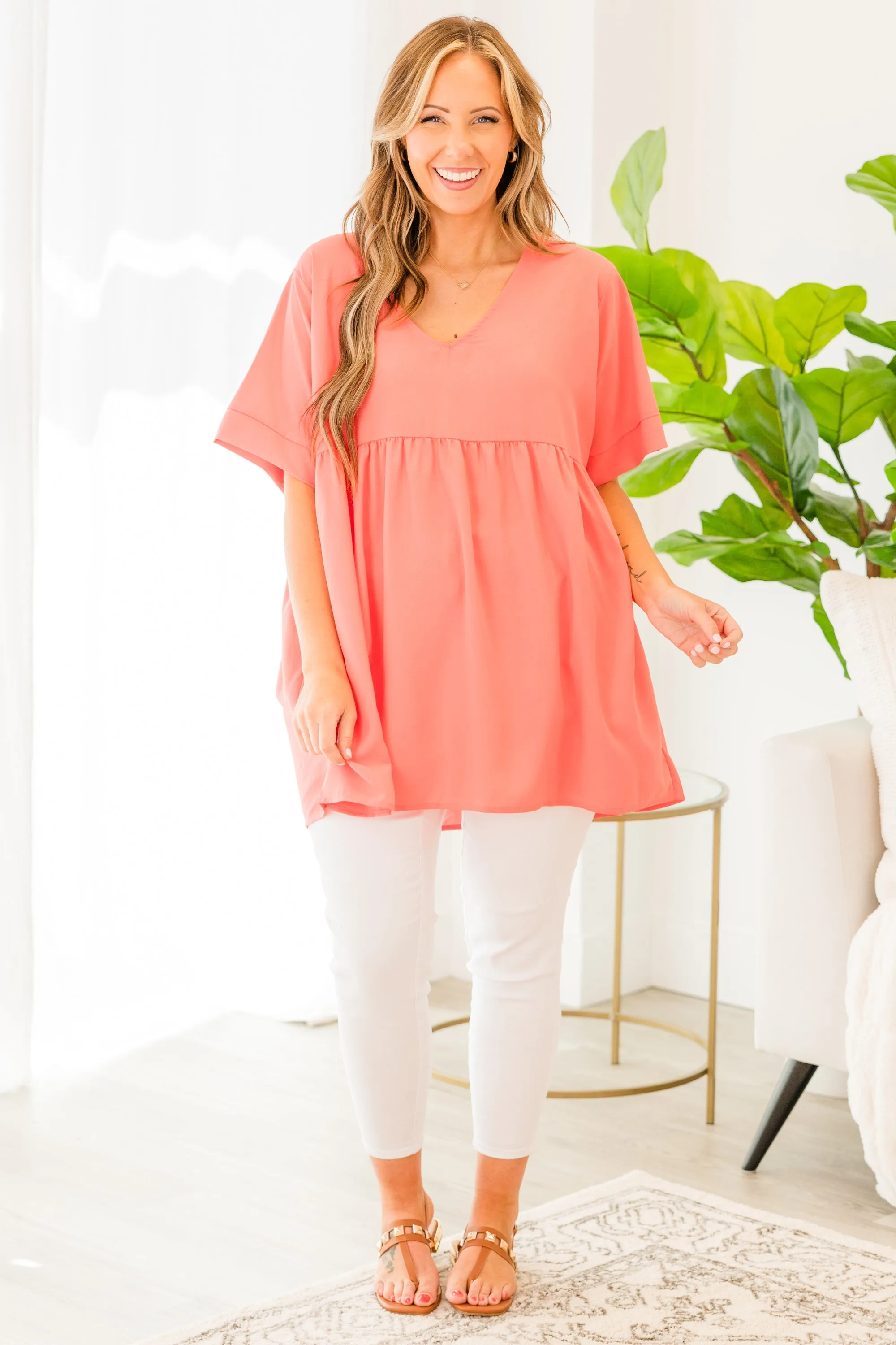 Primrose Babydoll Top, Deep Coral