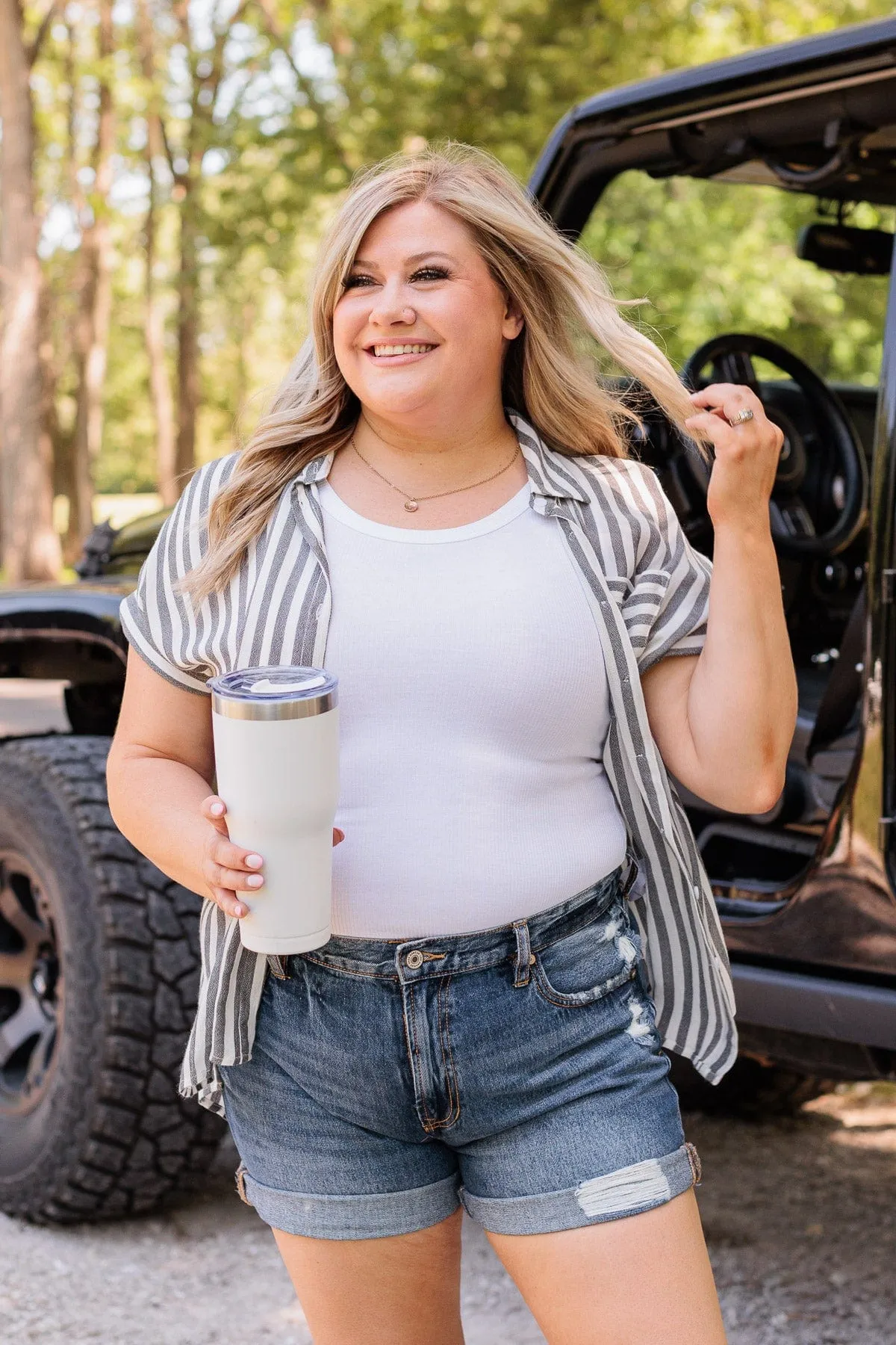 Reach For More Striped Button Top- Black & White