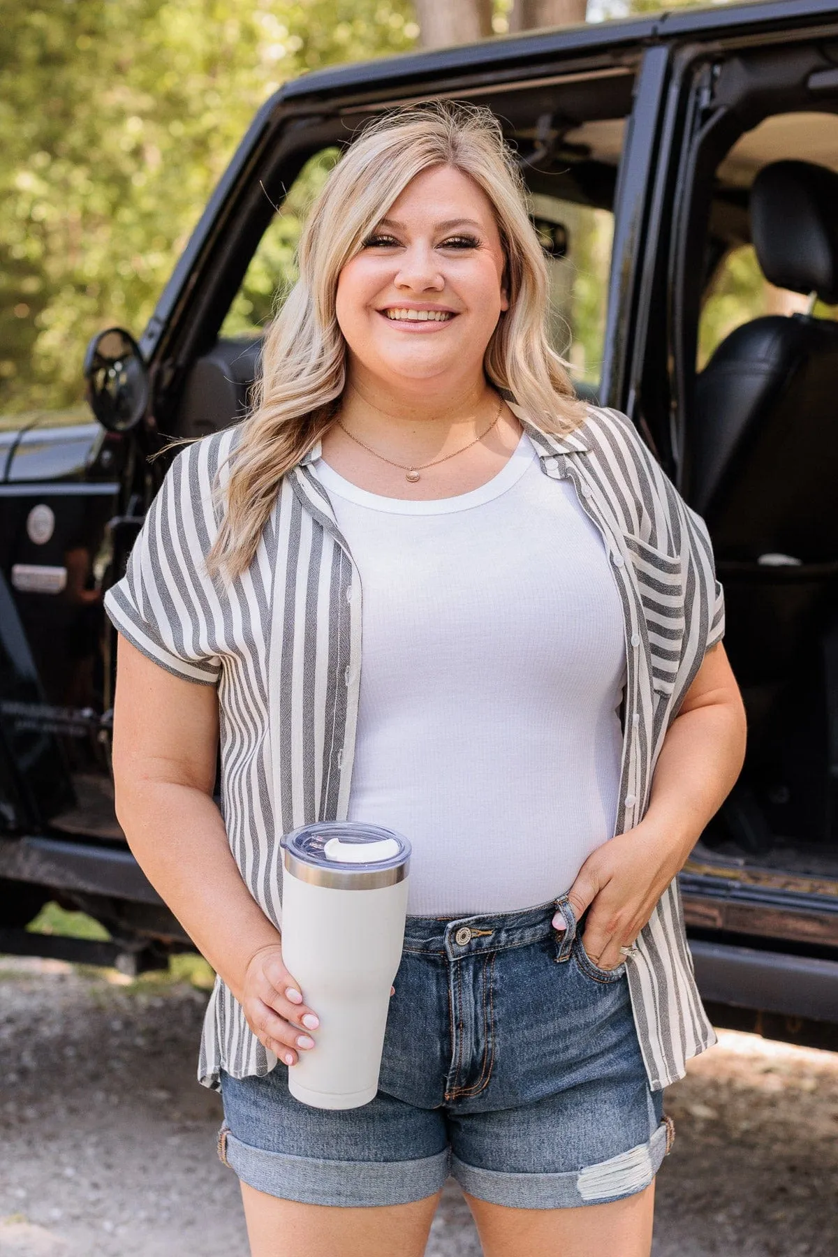 Reach For More Striped Button Top- Black & White