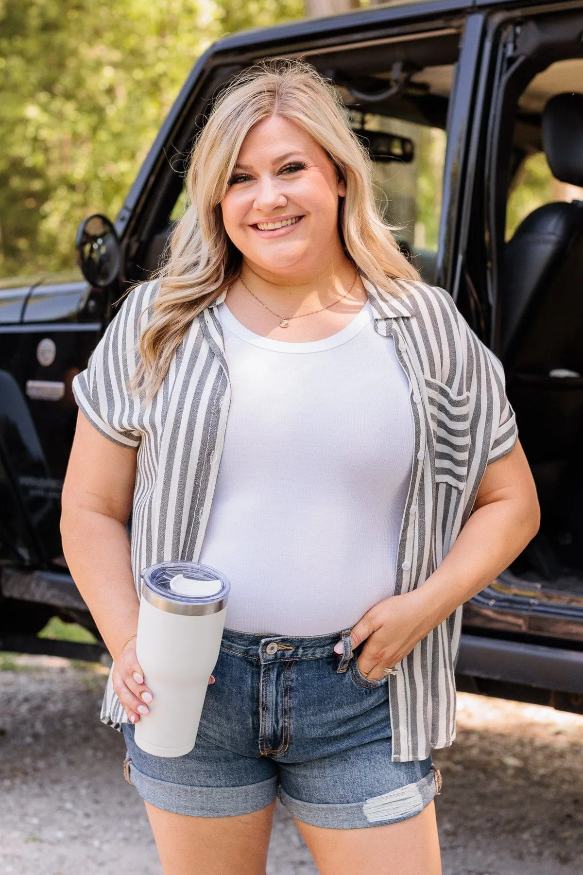 Reach For More Striped Button Top- Black & White