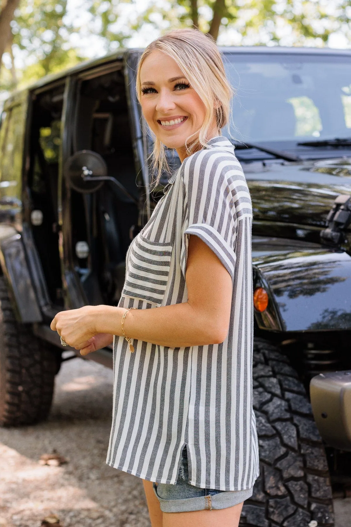 Reach For More Striped Button Top- Black & White