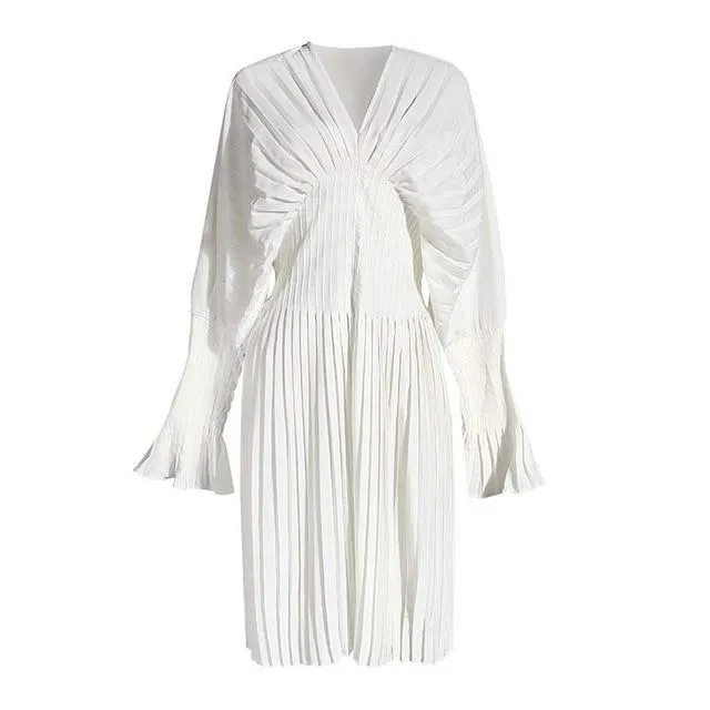 Sakiya Pleated Long Sleeve Shirt Dress - White