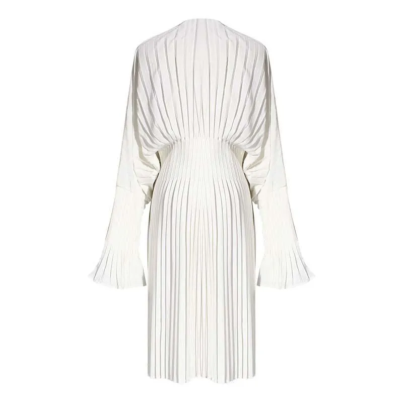 Sakiya Pleated Long Sleeve Shirt Dress - White