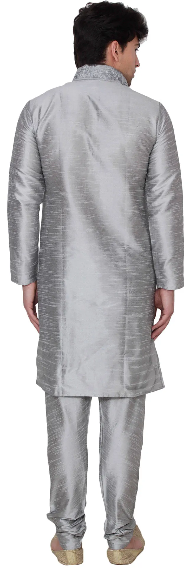 Silk Embroidered Mens Kurta Pajama India Clothing (Grey)