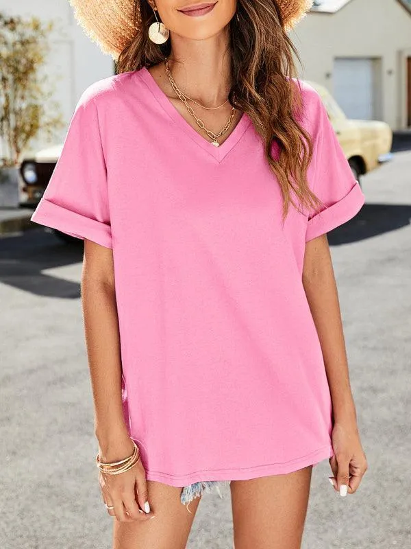 Solid V-Neck Women Top