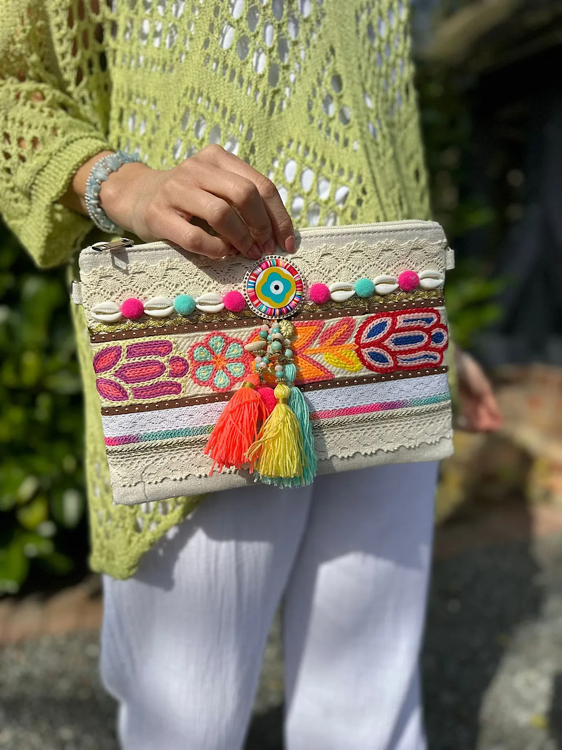 Stone Tribal Embellished Tassel Clutch Bag