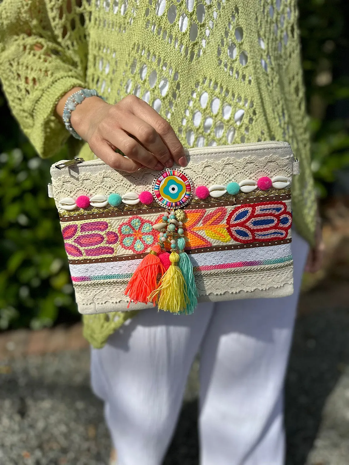 Stone Tribal Embellished Tassel Clutch Bag