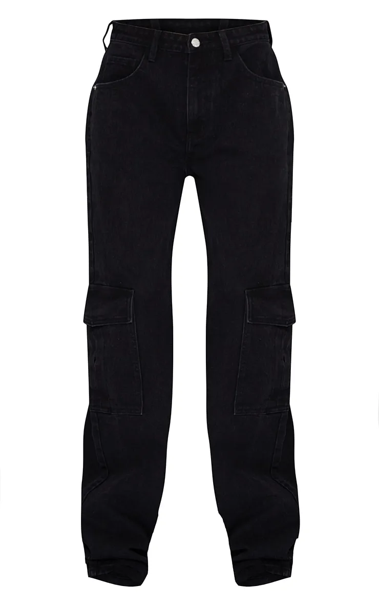 Tall Washed Black Cargo Side Pocket Wide Leg Jeans