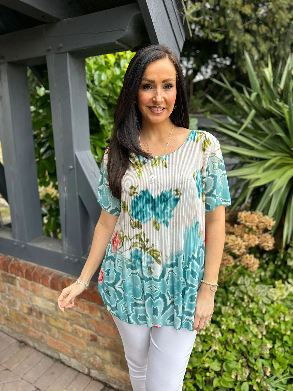 Teal Pleated Colour Blend Floral Blouse Bethany