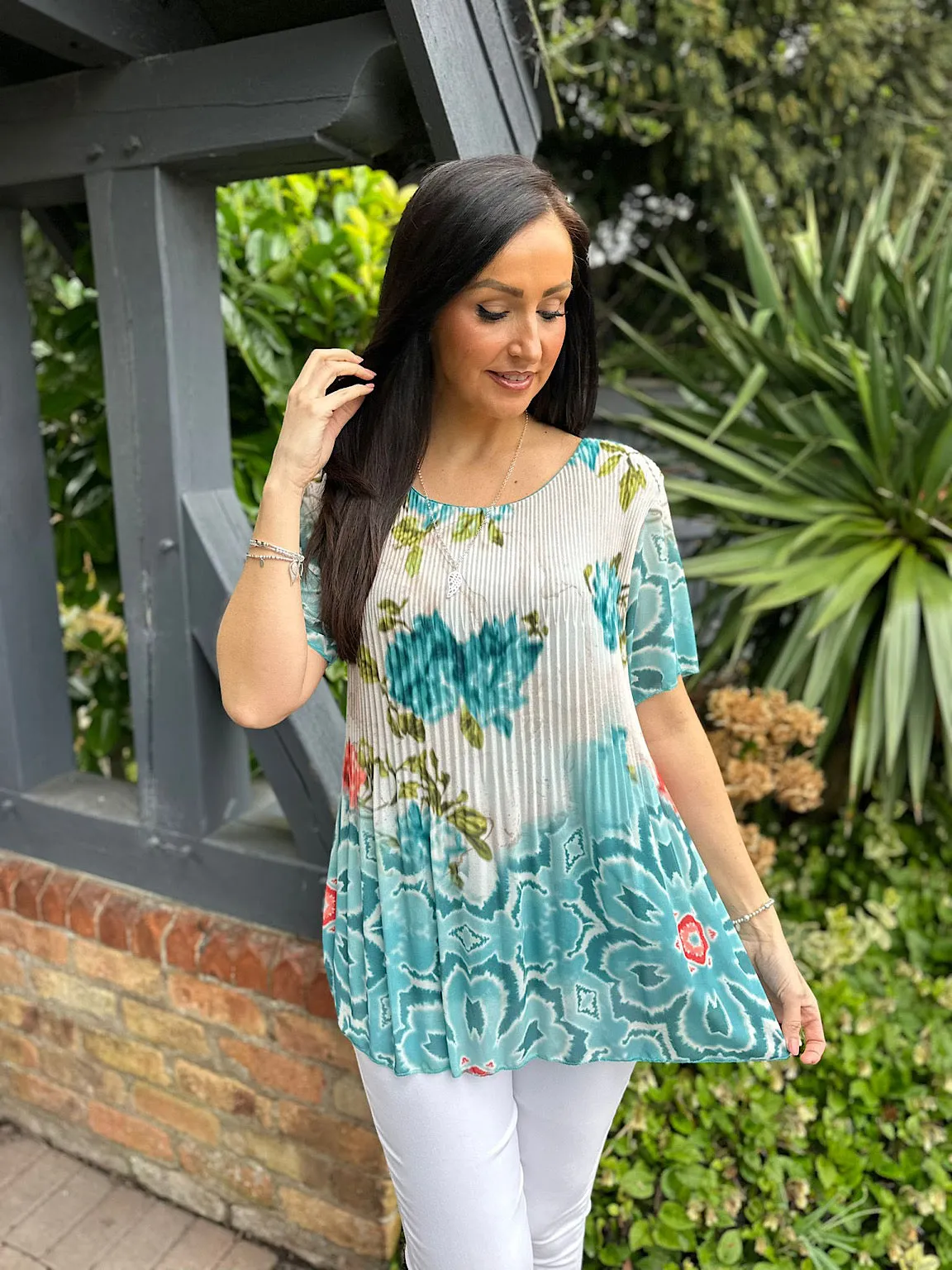 Teal Pleated Colour Blend Floral Blouse Bethany