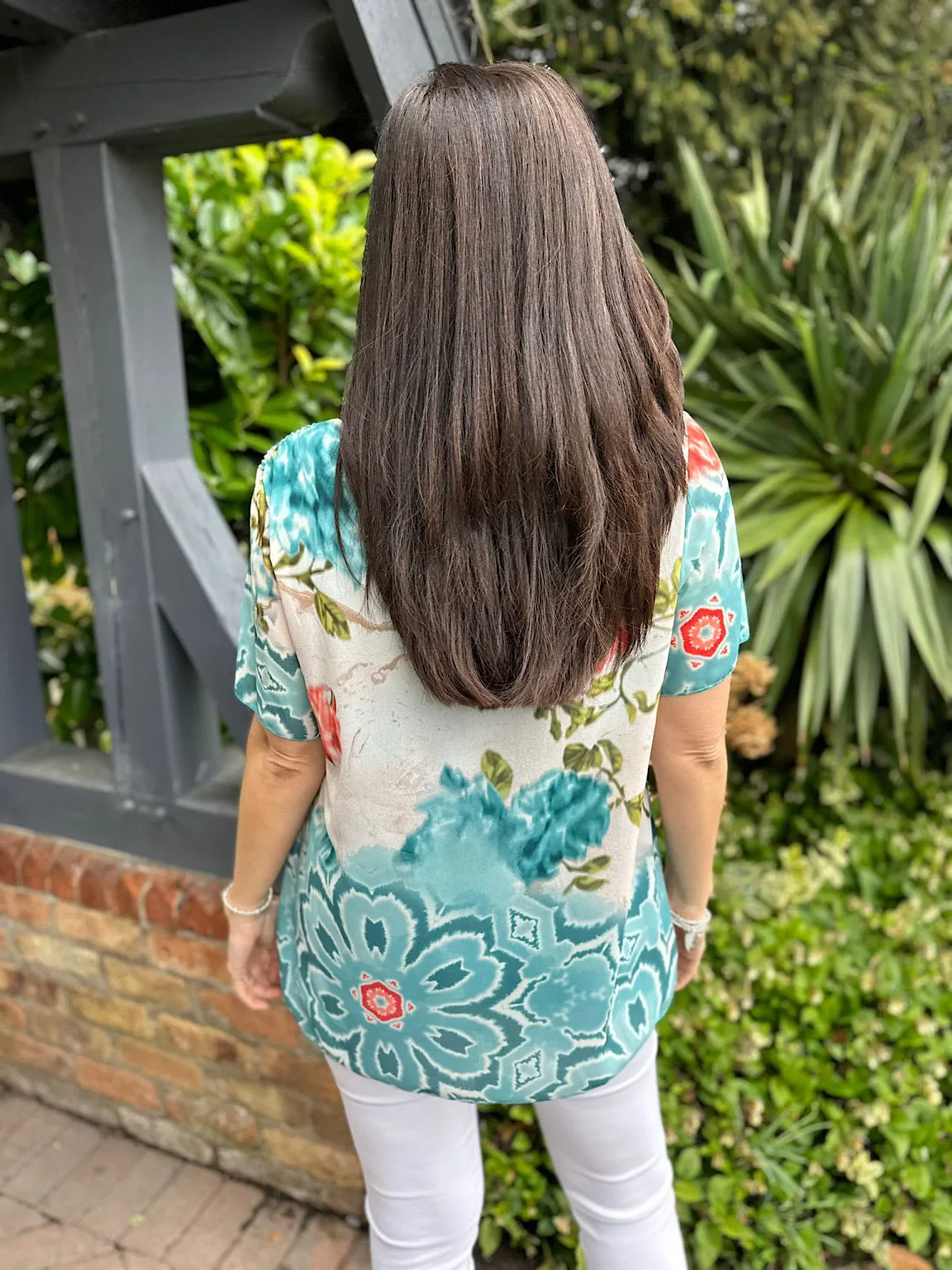 Teal Pleated Colour Blend Floral Blouse Bethany