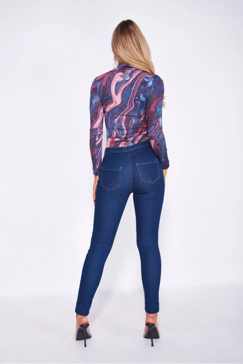 Teal Wine Marble Printed High Neck Long Sleeve Bodysuit