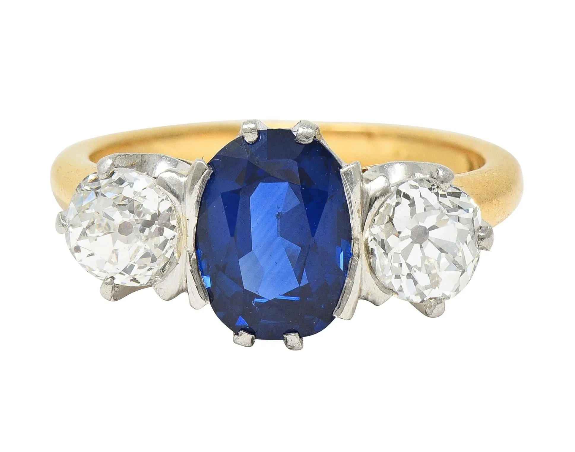 Tiffany & Co. Victorian 2.48 CTW No Heat Sapphire Diamond Platinum 18 Karat Gold Antique Three Stone Ring GIA