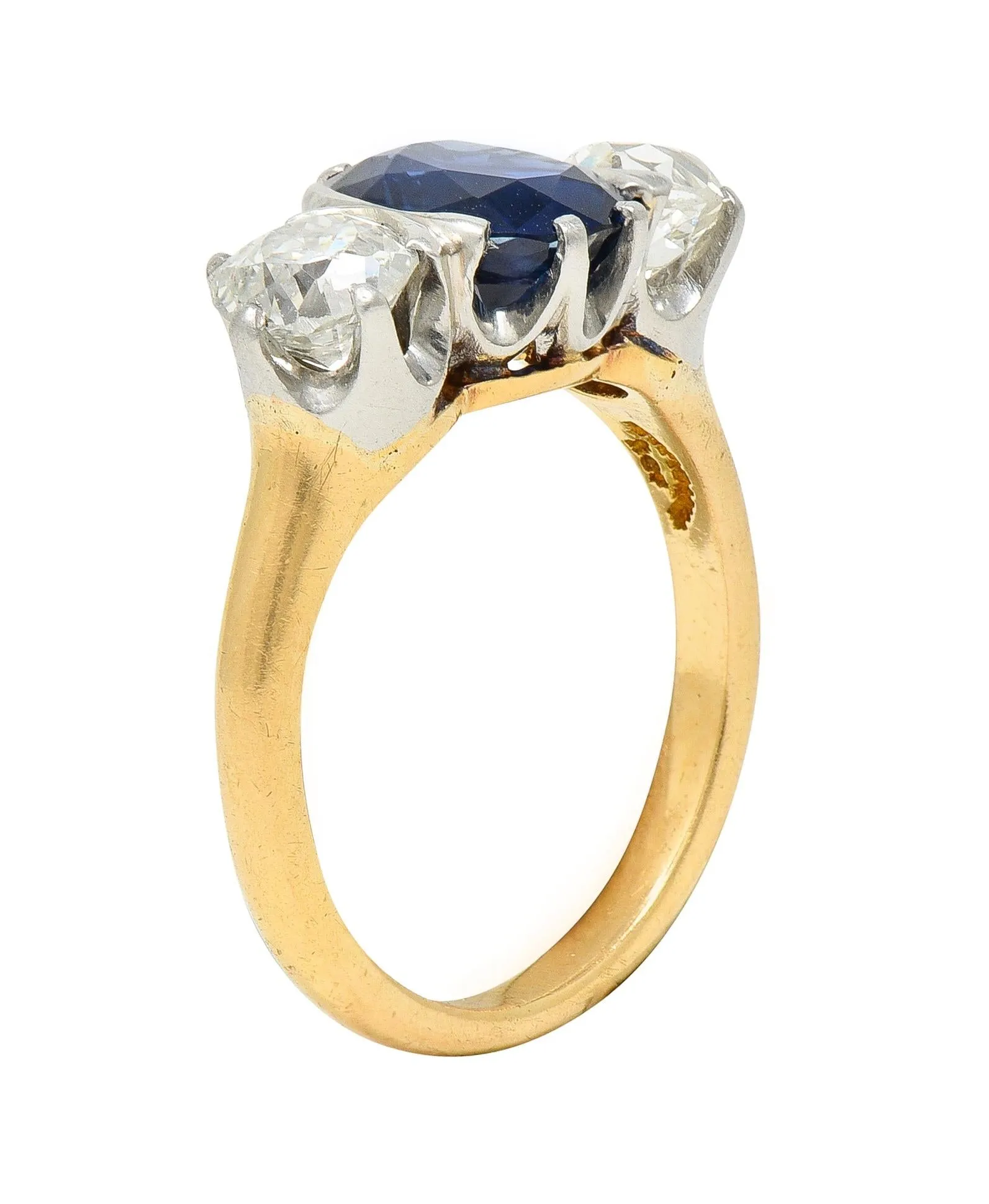 Tiffany & Co. Victorian 2.48 CTW No Heat Sapphire Diamond Platinum 18 Karat Gold Antique Three Stone Ring GIA