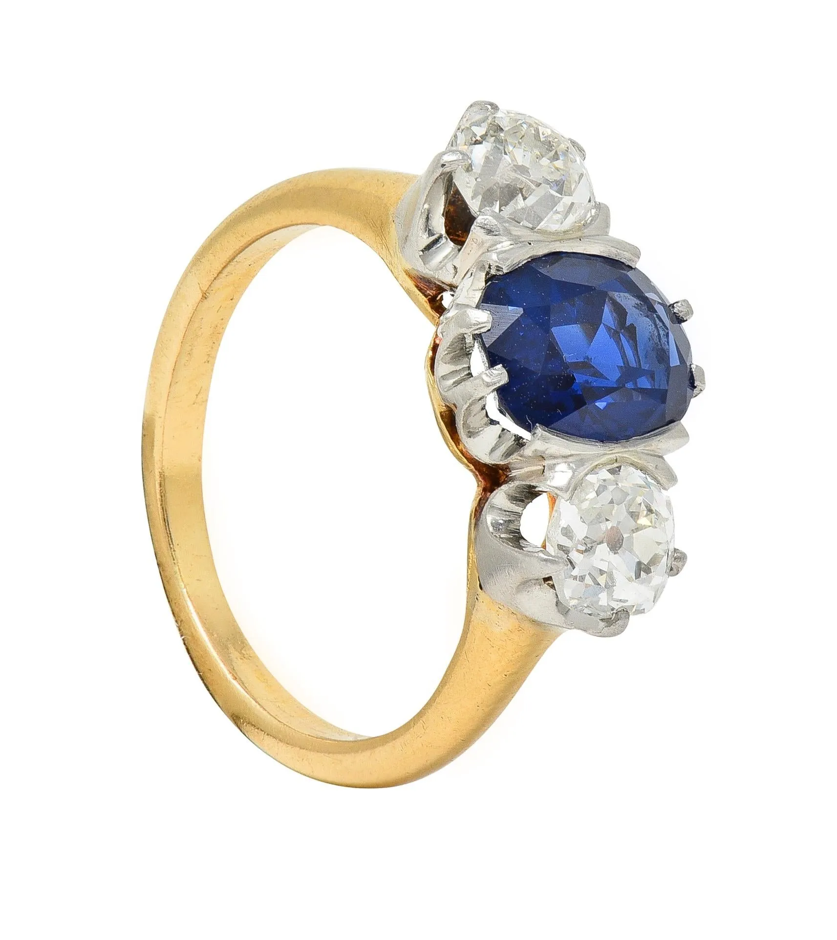 Tiffany & Co. Victorian 2.48 CTW No Heat Sapphire Diamond Platinum 18 Karat Gold Antique Three Stone Ring GIA