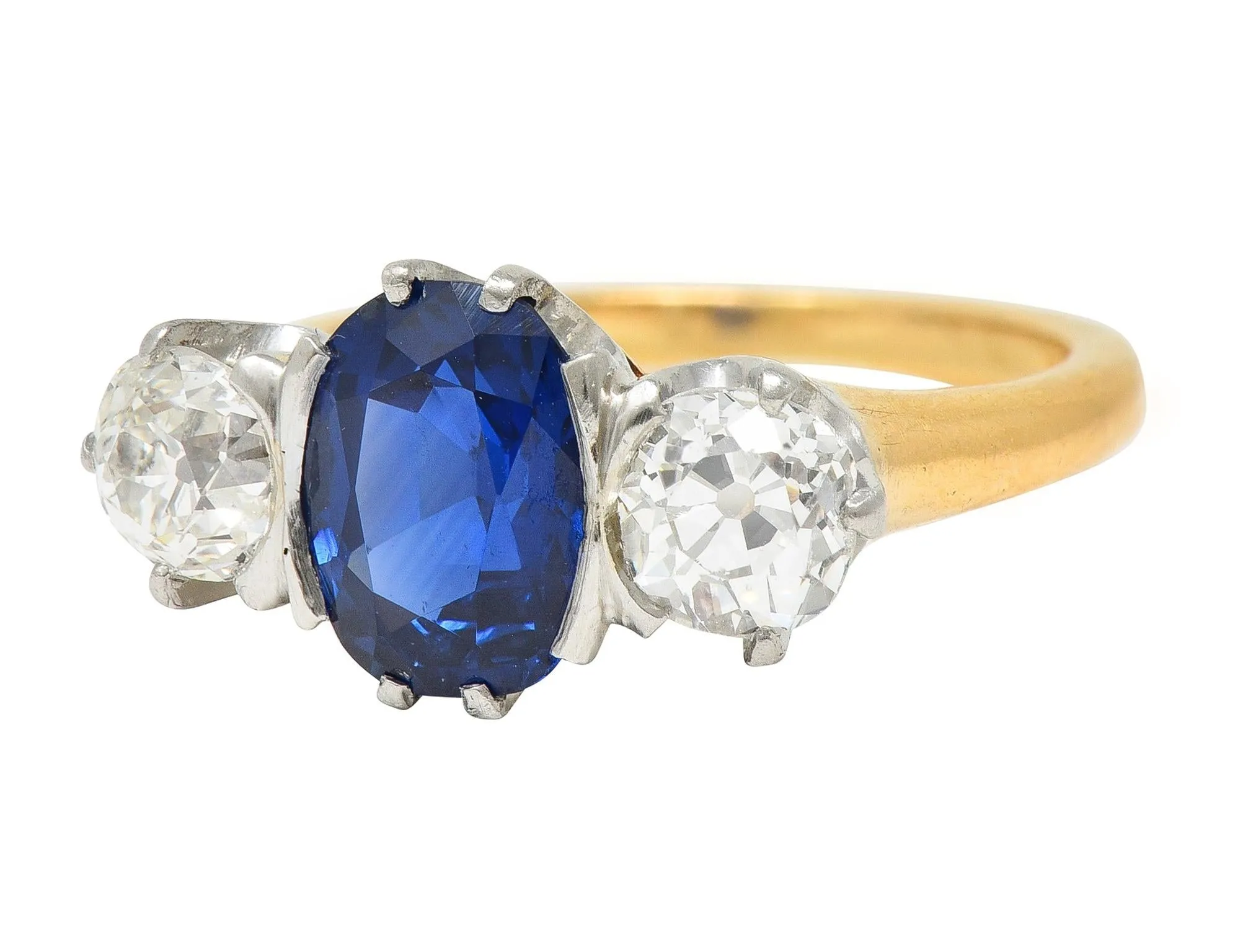 Tiffany & Co. Victorian 2.48 CTW No Heat Sapphire Diamond Platinum 18 Karat Gold Antique Three Stone Ring GIA